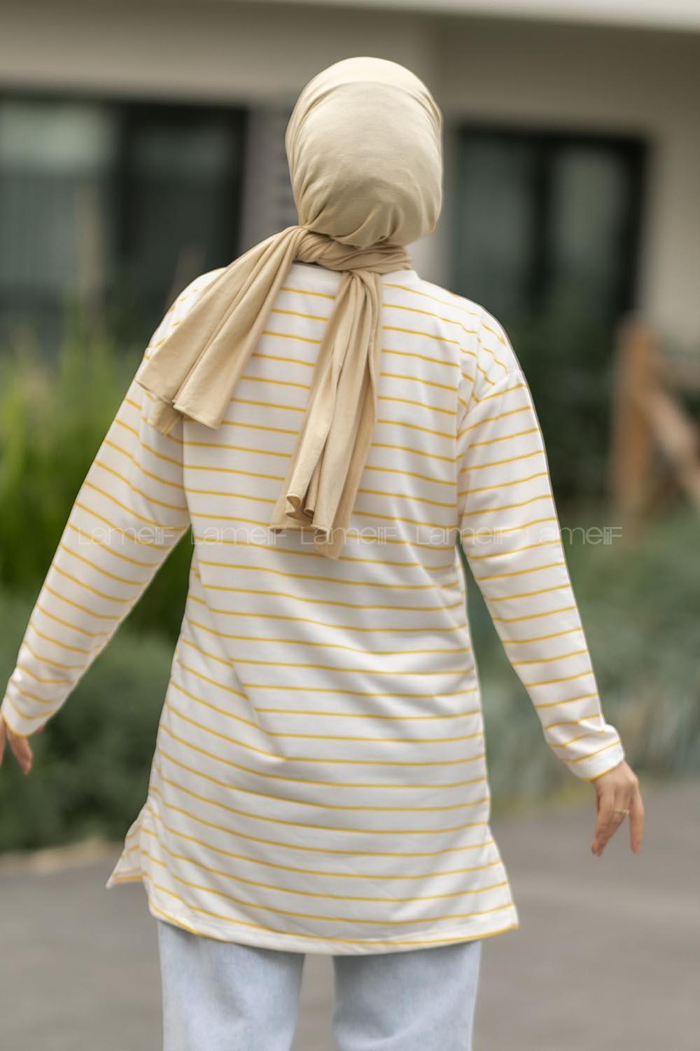 Modalamelif Renk Garnili Çizgi Desenli Kalp Nakışlı Sweat Beyaz-Sarı