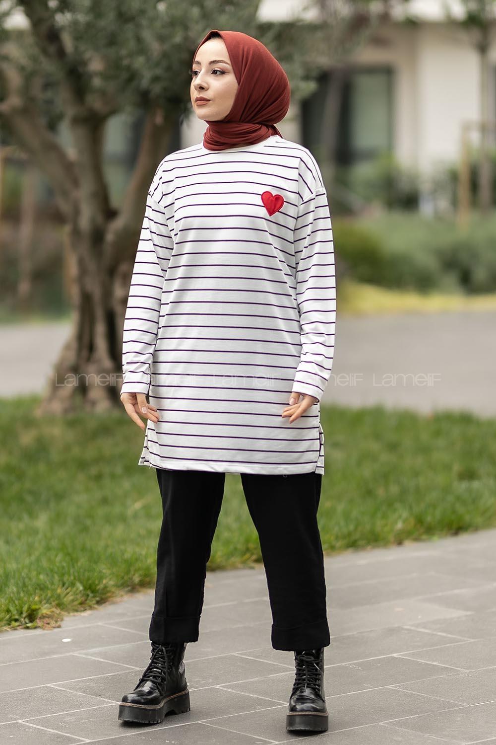 Modalamelif Renk Garnili Çizgi Desenli Kalp Nakışlı Sweat Beyaz-Siyah