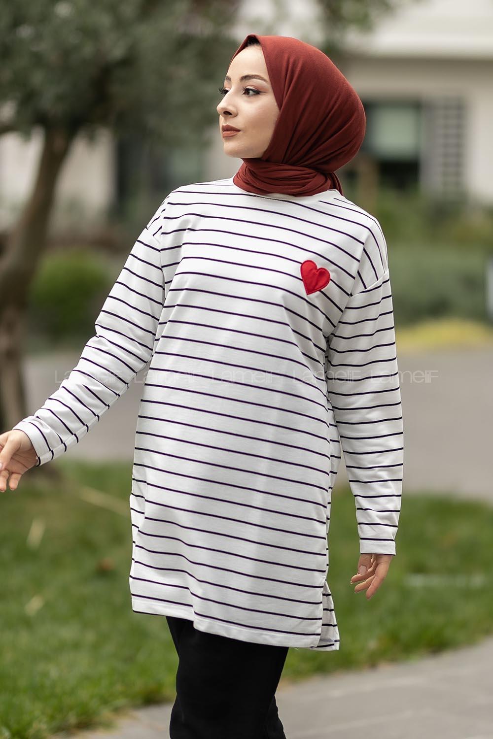 Modalamelif Renk Garnili Çizgi Desenli Kalp Nakışlı Sweat Beyaz-Siyah