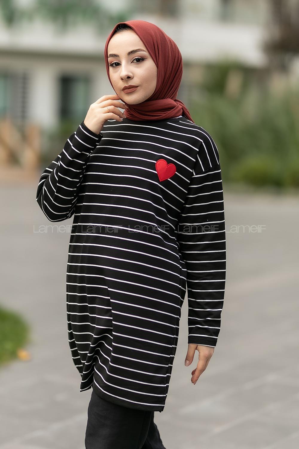 Modalamelif Renk Garnili Çizgi Desenli Kalp Nakışlı Sweat Siyah-Beyaz