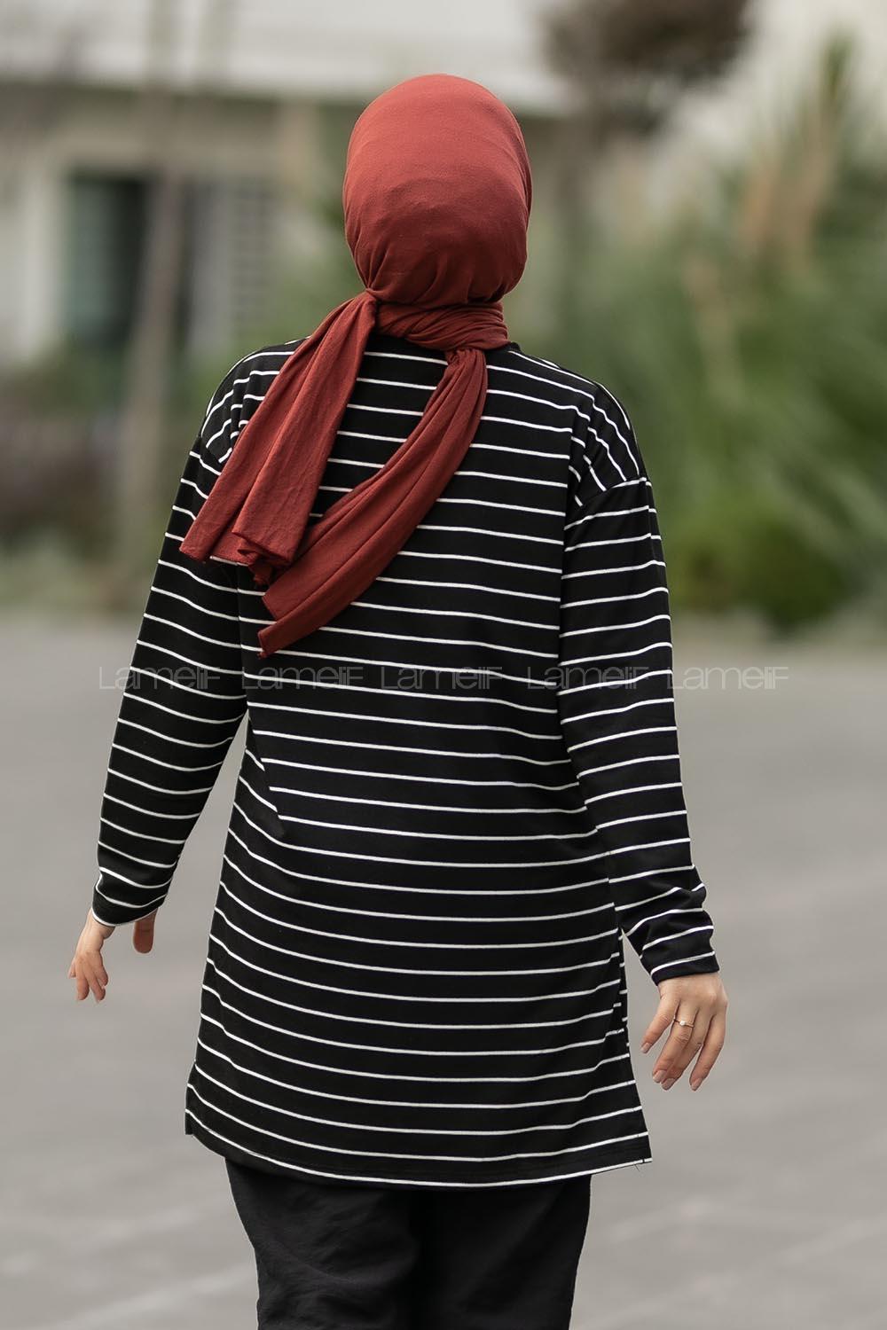 Modalamelif Renk Garnili Çizgi Desenli Kalp Nakışlı Sweat Siyah-Beyaz