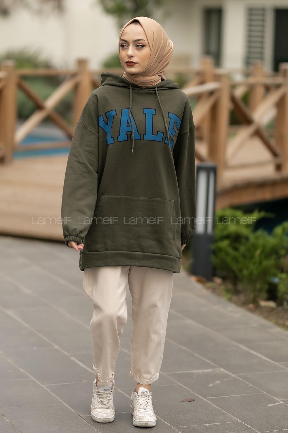 Modalamelif Yale Yazı Baskılı Kapüşon Detaylı Kanguru Cepli Sweat Haki