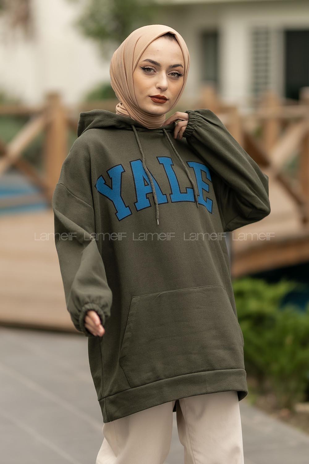 Modalamelif Yale Yazı Baskılı Kapüşon Detaylı Kanguru Cepli Sweat Haki