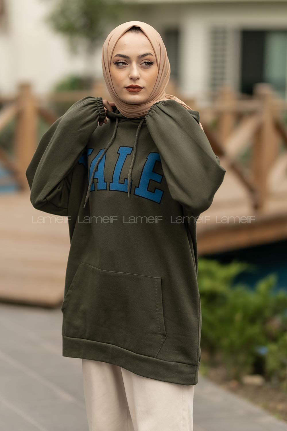 Modalamelif Yale Yazı Baskılı Kapüşon Detaylı Kanguru Cepli Sweat Haki