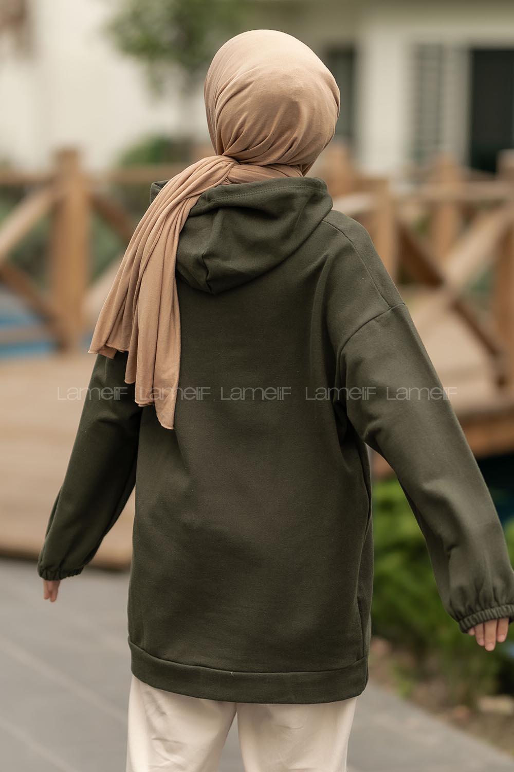 Modalamelif Yale Yazı Baskılı Kapüşon Detaylı Kanguru Cepli Sweat Haki