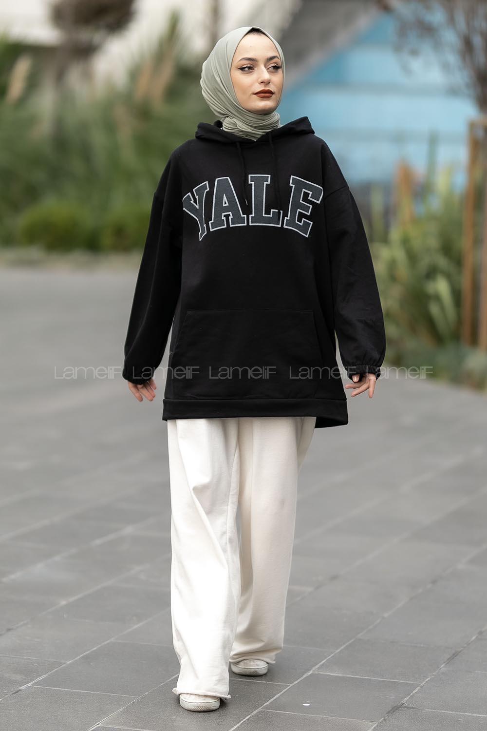 Modalamelif Yale Yazı Baskılı Kapüşon Detaylı Kanguru Cepli Sweat Siyah