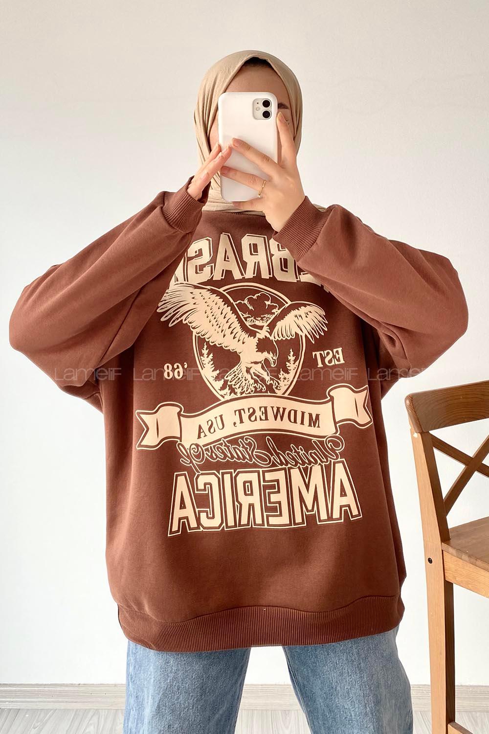 Modalamelif  Bisiklet Yaka Nebraska Baskılı Sweat Acıkahve