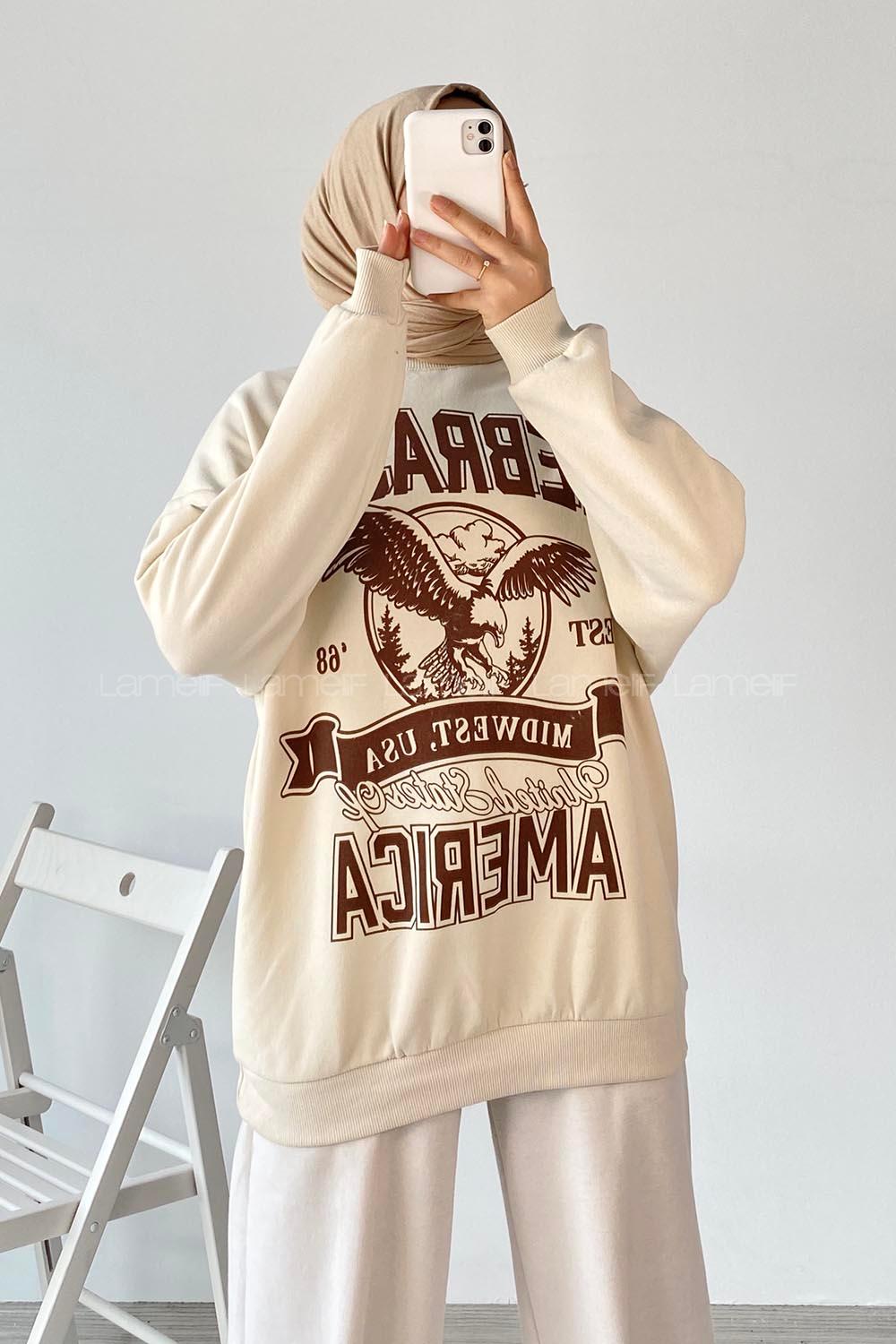 Modalamelif  Bisiklet Yaka Nebraska Baskılı Sweat Krem