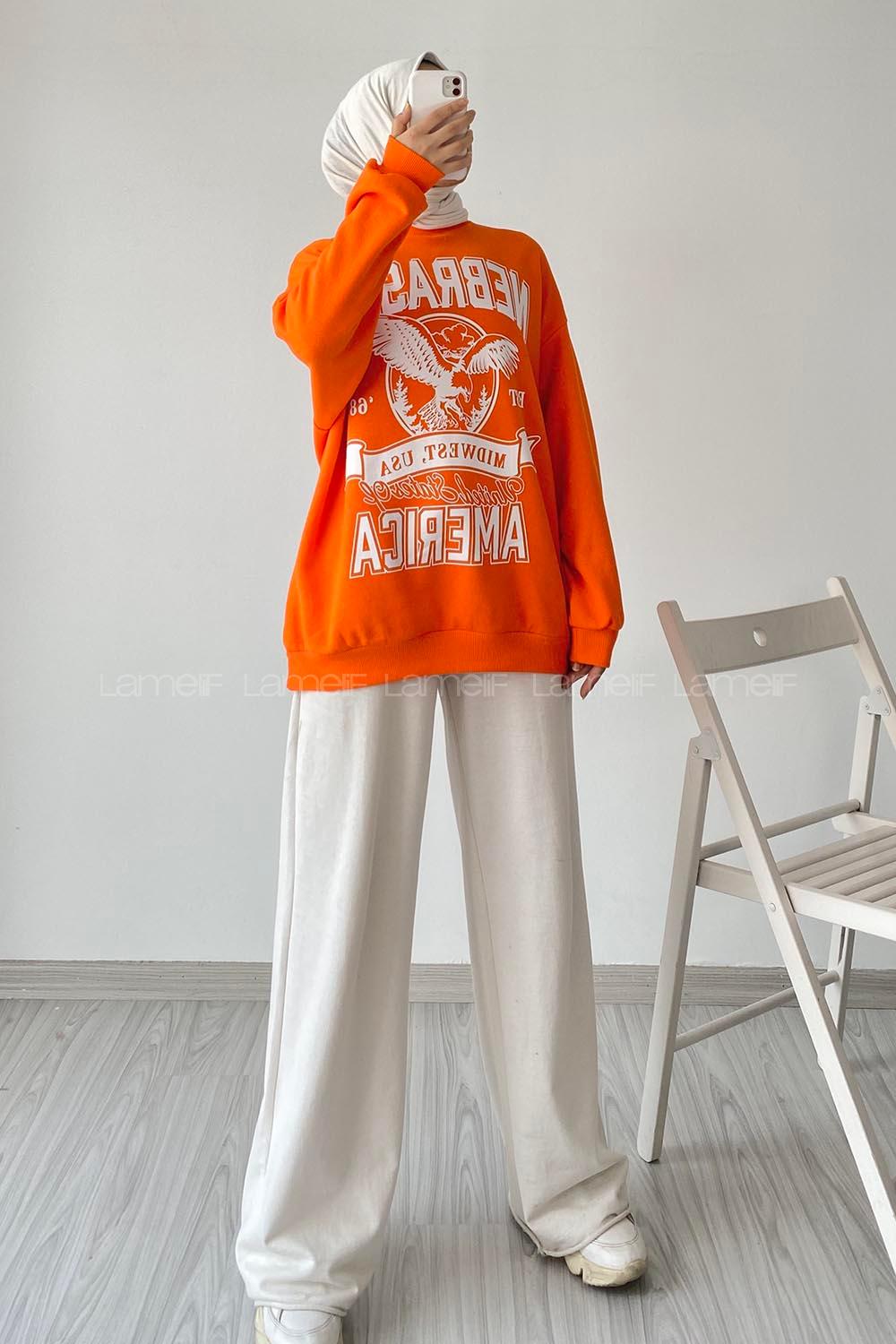 Modalamelif  Bisiklet Yaka Nebraska Baskılı Sweat Oranj