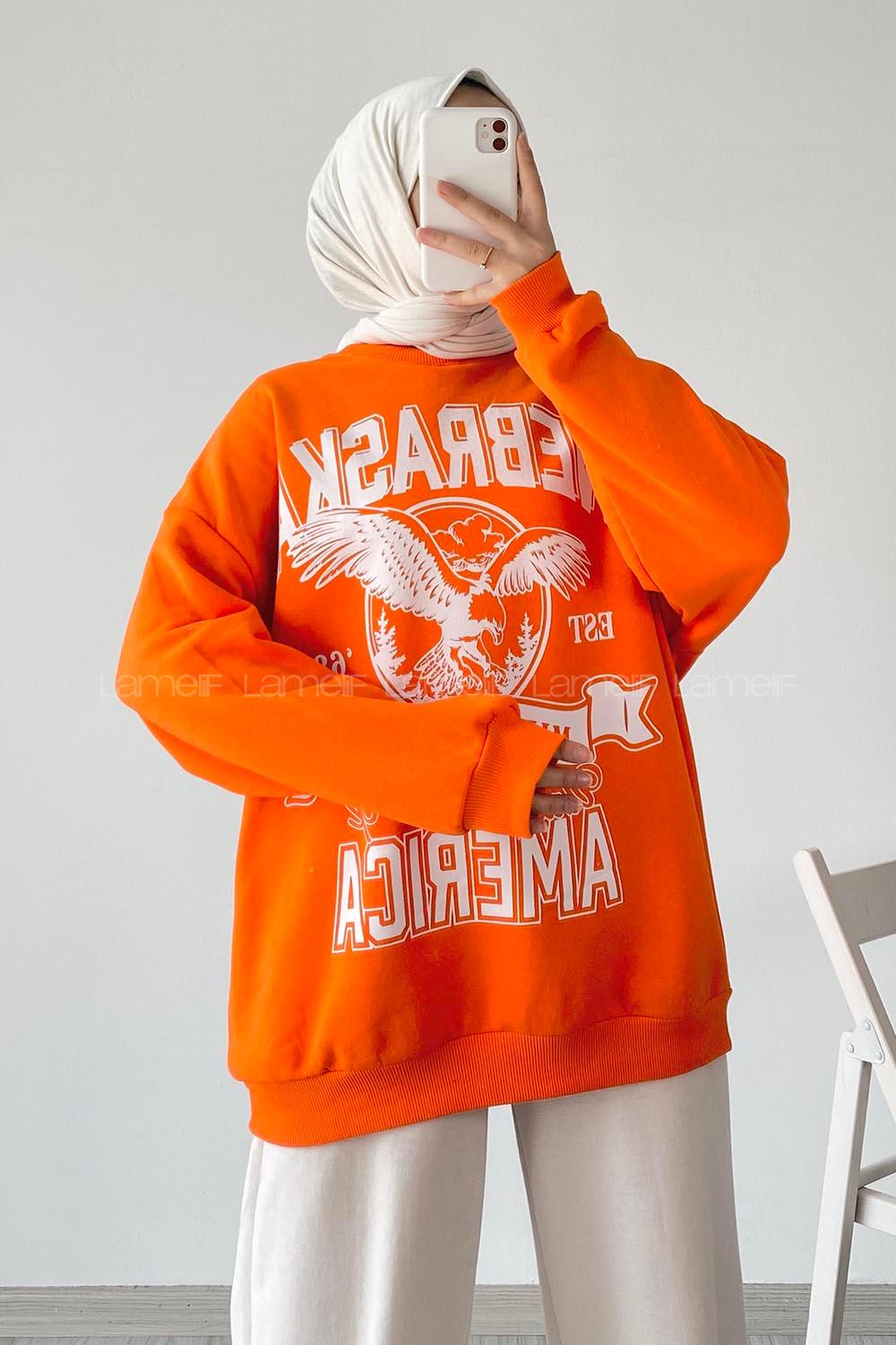 Modalamelif  Bisiklet Yaka Nebraska Baskılı Sweat Oranj