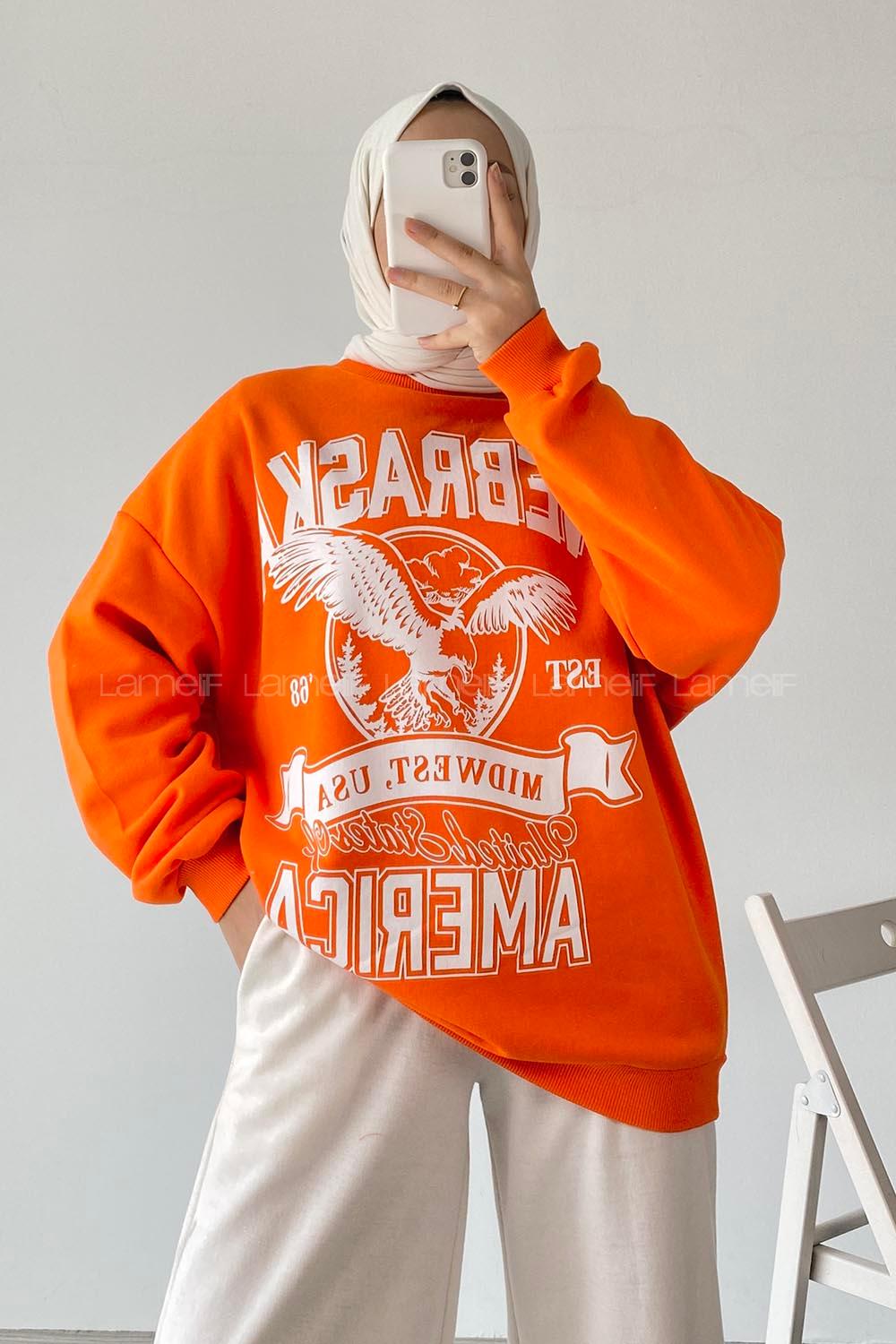 Modalamelif  Bisiklet Yaka Nebraska Baskılı Sweat Oranj