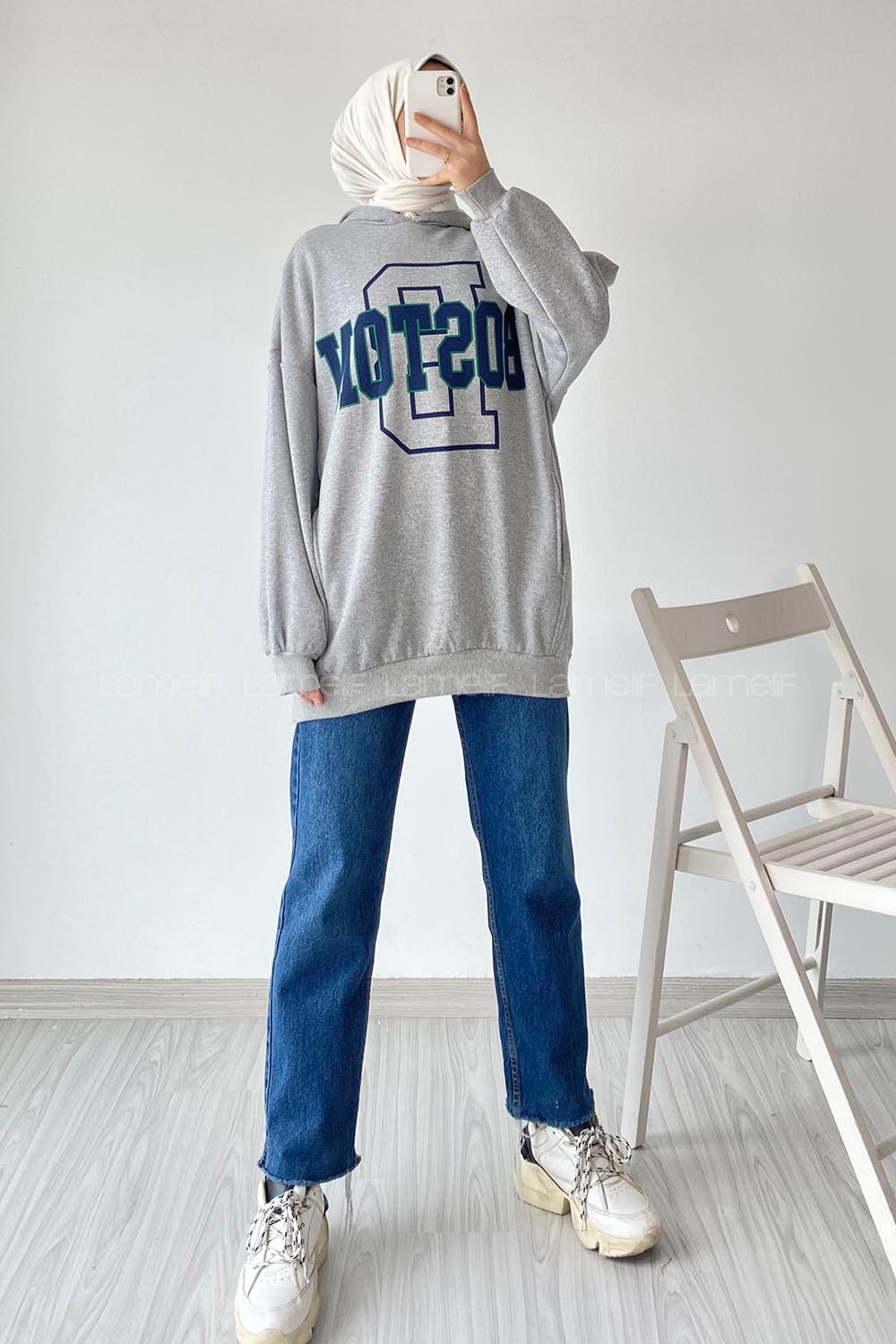 Modalamelif Boston Yazı Basklı Kapüşonlu Sweat Gri