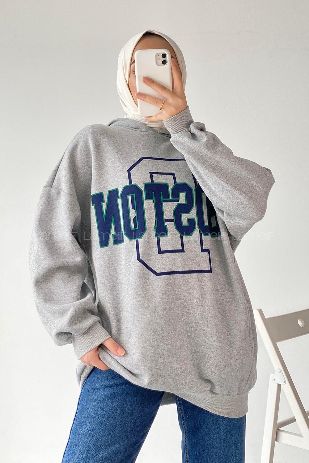 Modalamelif Boston Yazı Basklı Kapüşonlu Sweat Gri