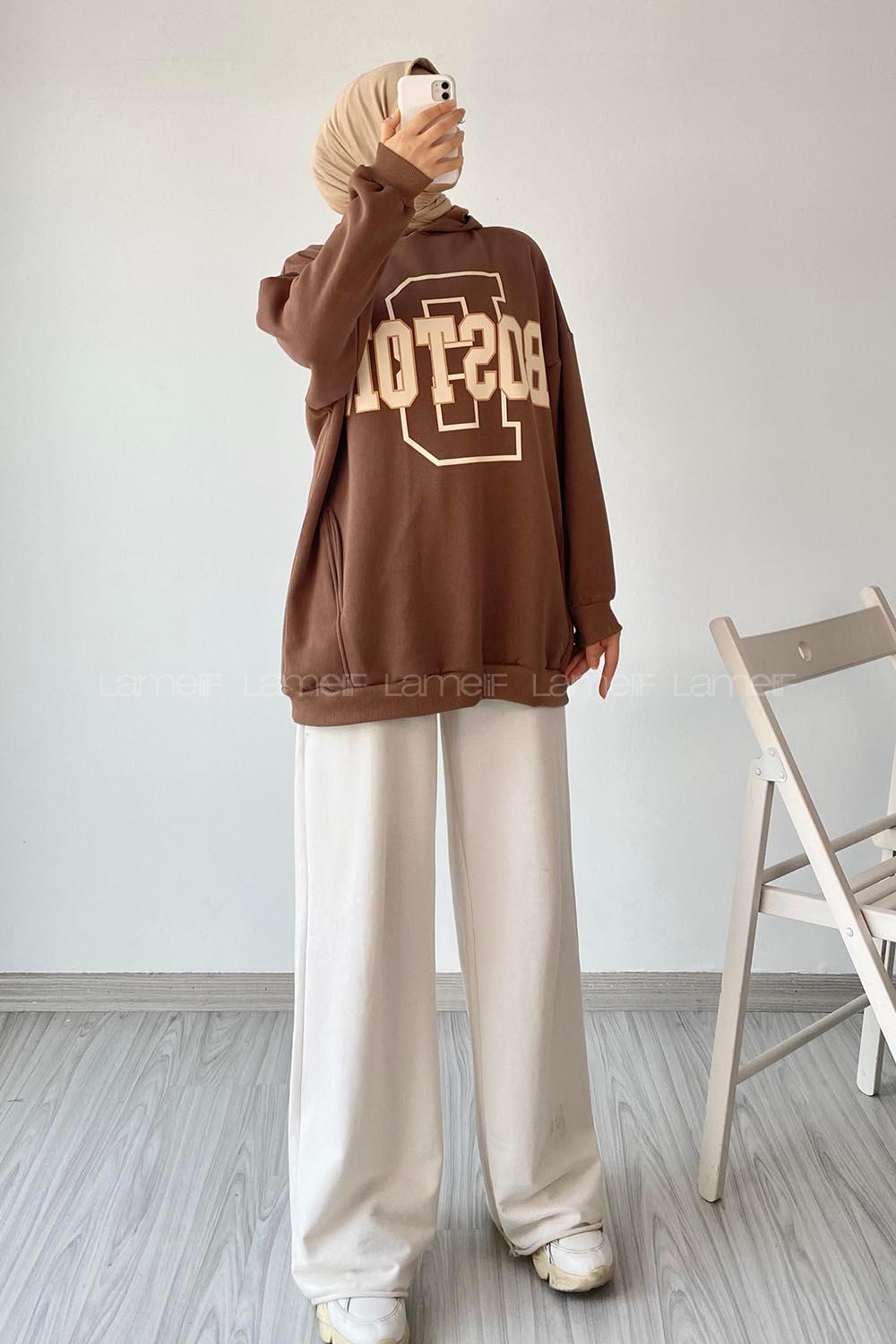 Modalamelif Boston Yazı Basklı Kapüşonlu Sweat Kahverengi