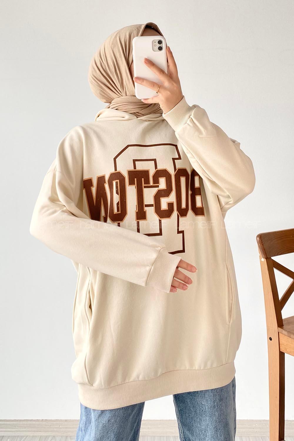 Modalamelif Boston Yazı Basklı Kapüşonlu Sweat Krem