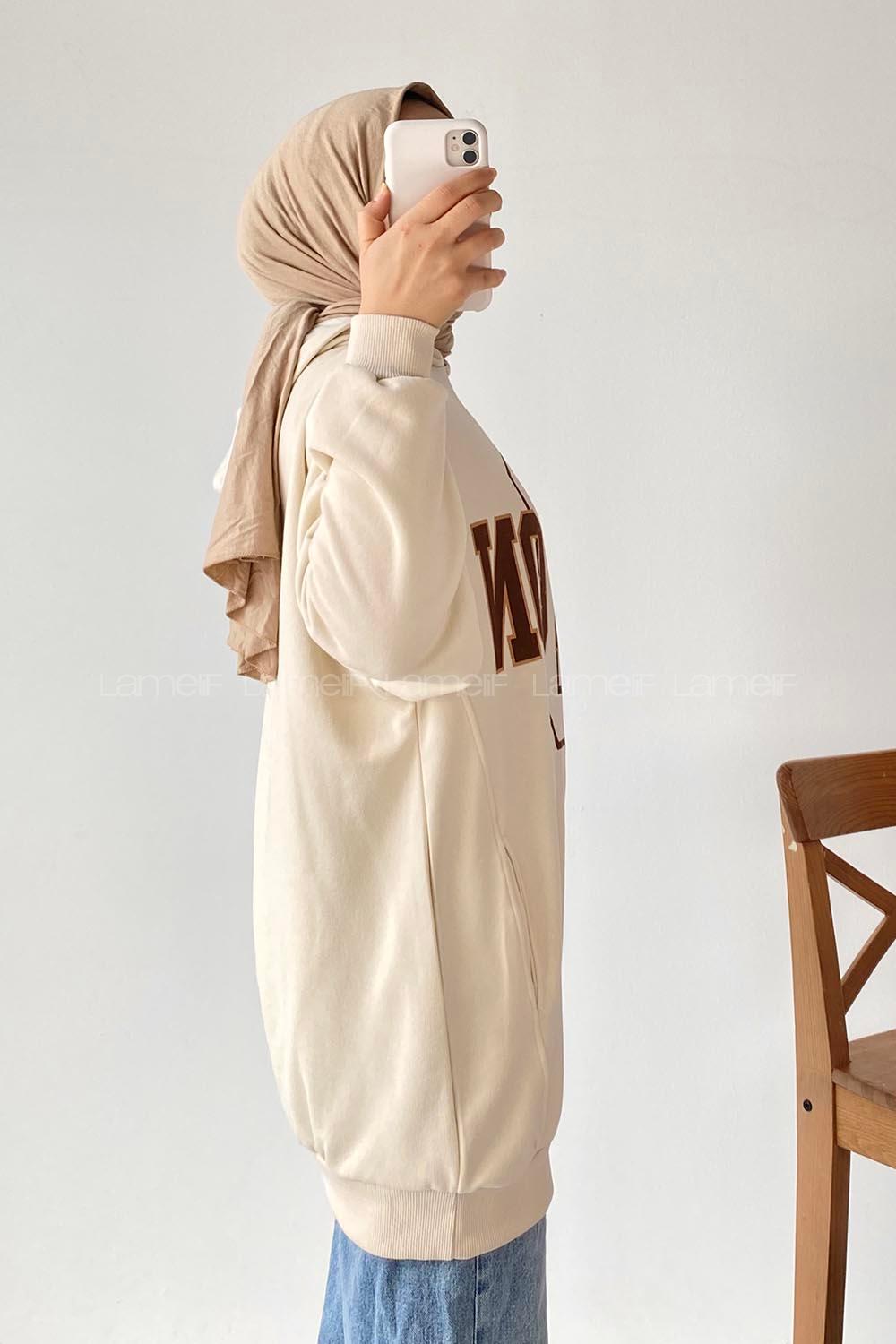 Modalamelif Boston Yazı Basklı Kapüşonlu Sweat Krem