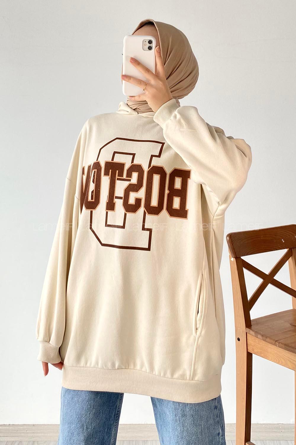 Modalamelif Boston Yazı Basklı Kapüşonlu Sweat Krem