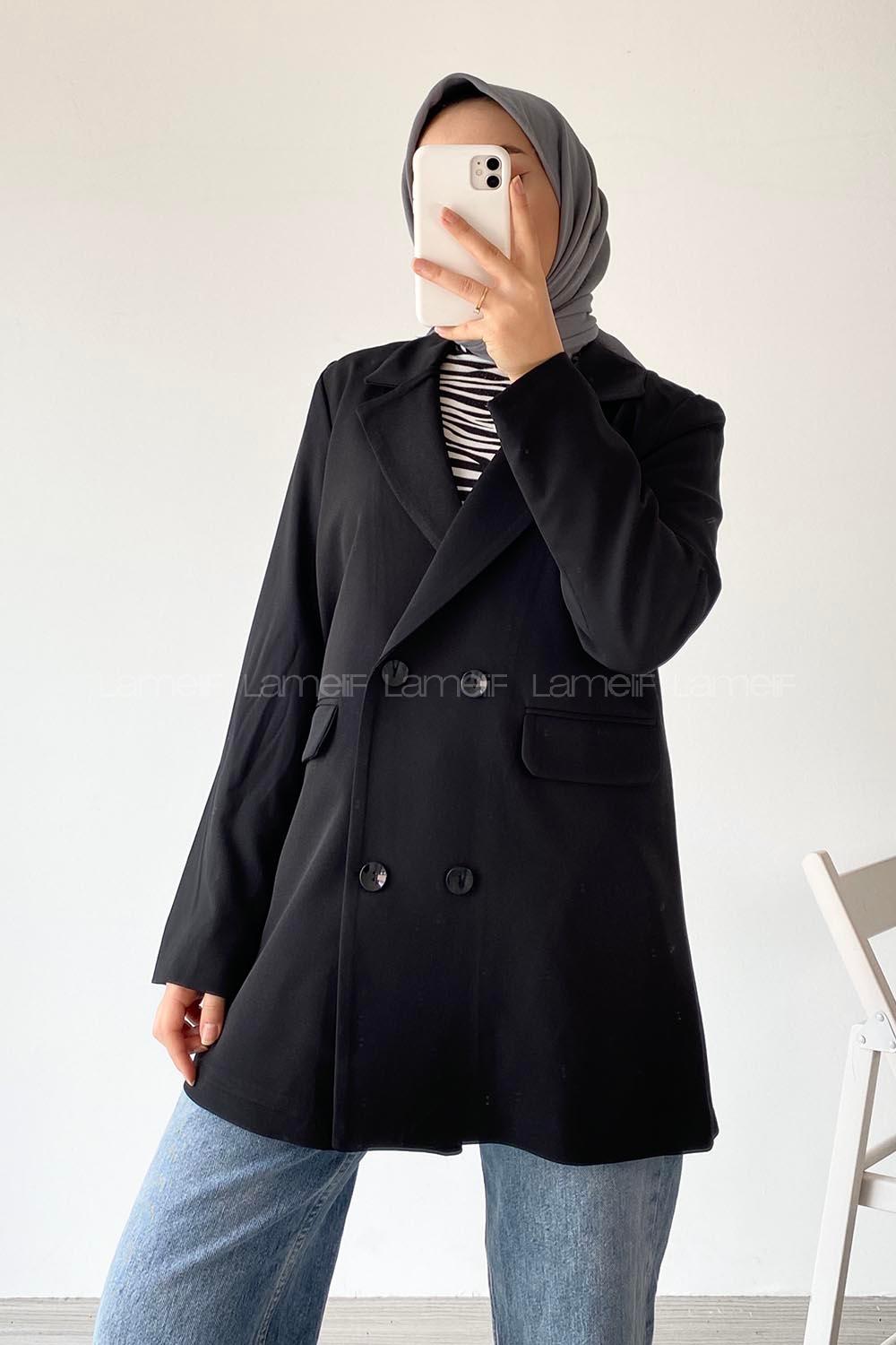 Modalamelif Düğme Detaylı Oversize Ceket Siyah
