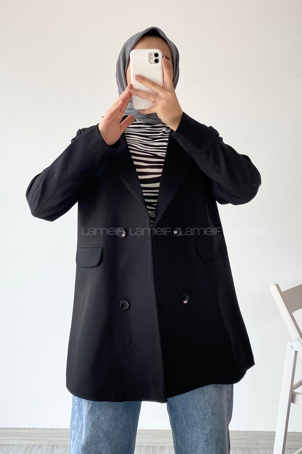 Modalamelif Düğme Detaylı Oversize Ceket Siyah