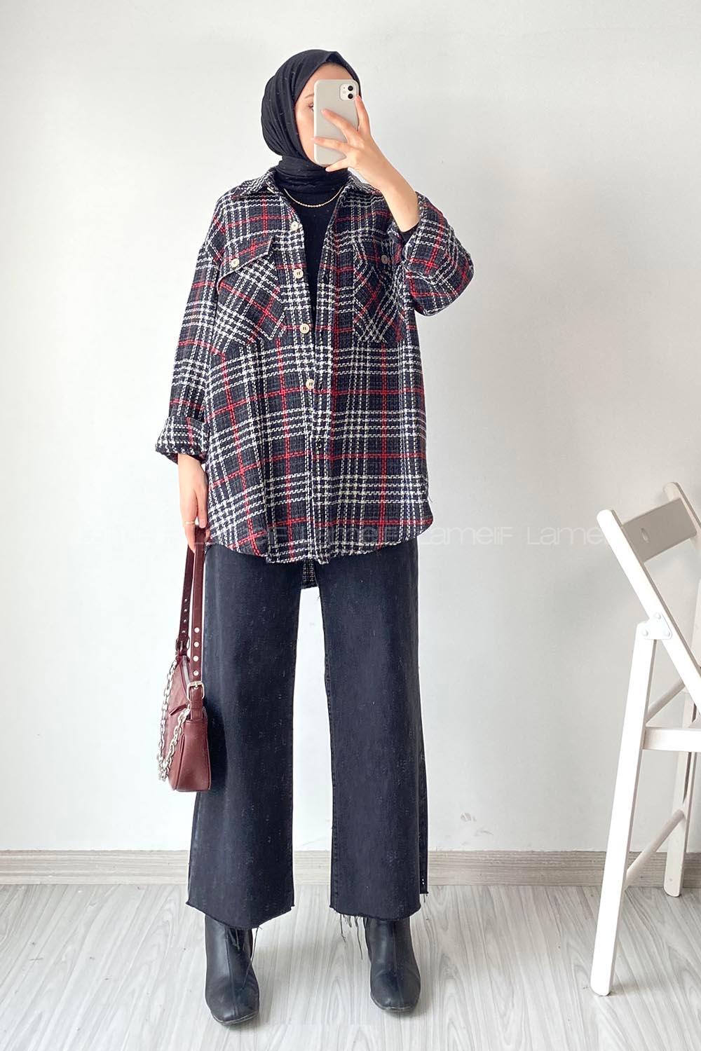 Modalamelif Kapak Çift Cep Detaylı Ekose Salaş Gömlek Siyah