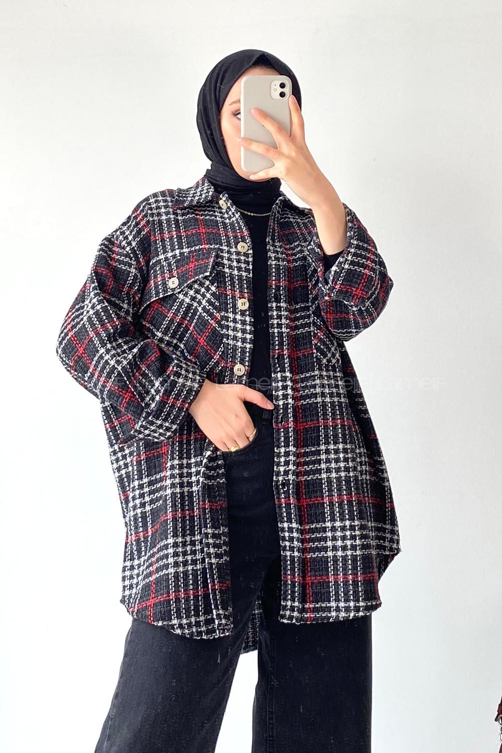 Modalamelif Kapak Çift Cep Detaylı Ekose Salaş Gömlek Siyah