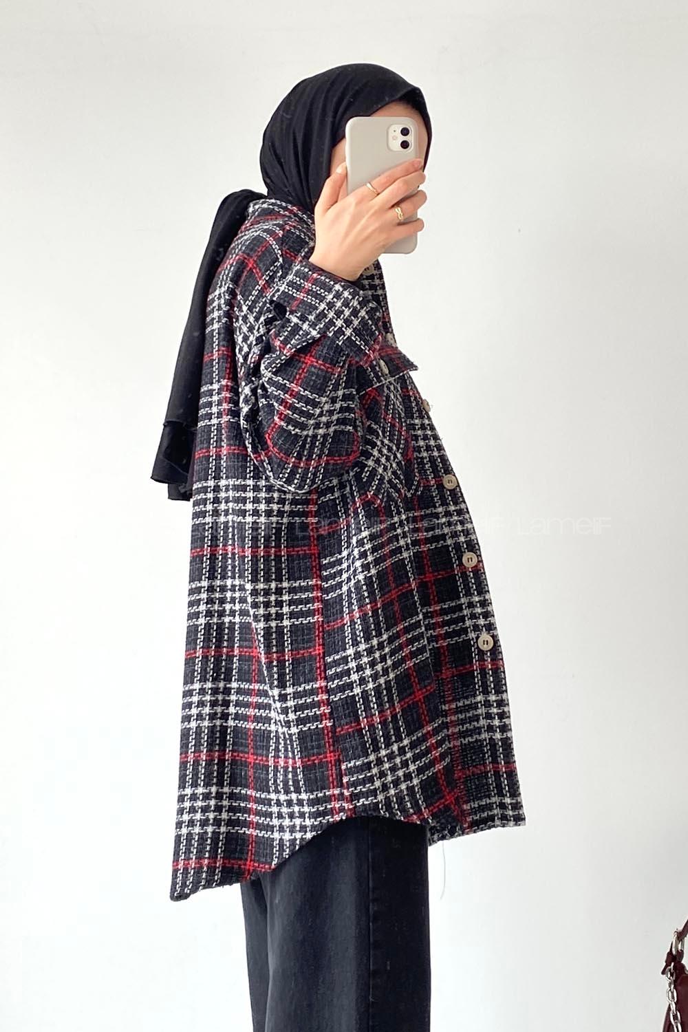 Modalamelif Kapak Çift Cep Detaylı Ekose Salaş Gömlek Siyah