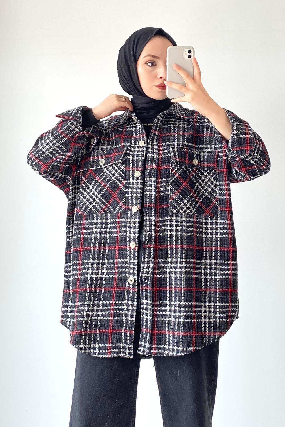 Modalamelif Kapak Çift Cep Detaylı Ekose Salaş Gömlek Siyah