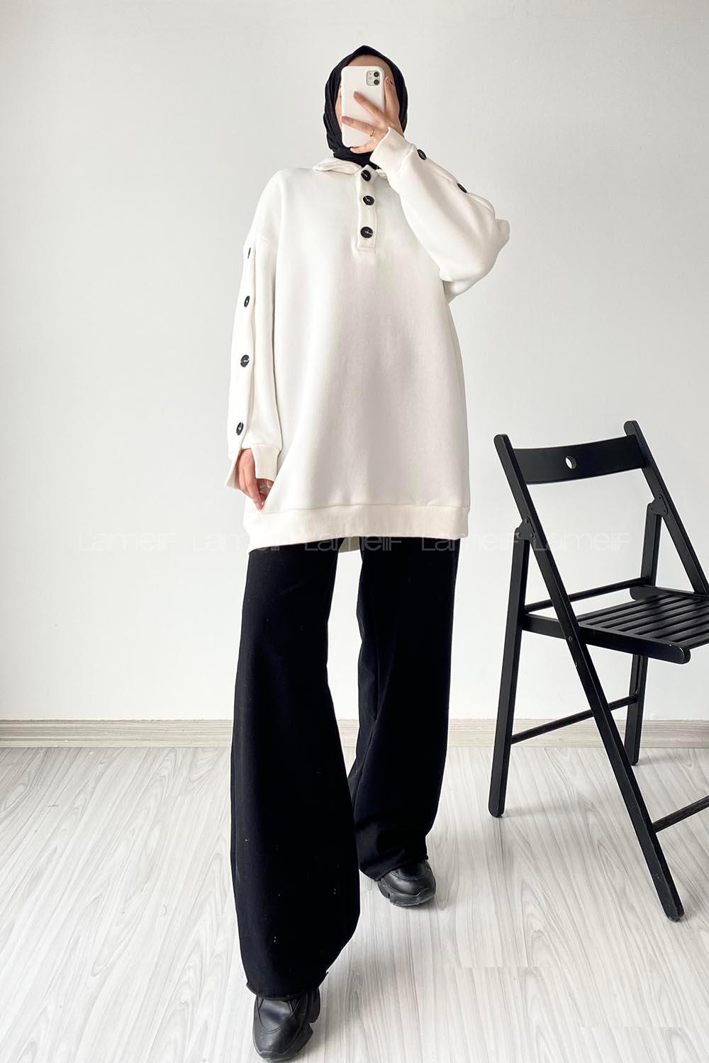 Modalamelif Önü Yarım Düğmeli Kol Düğme Detaylı Sweat Beyaz