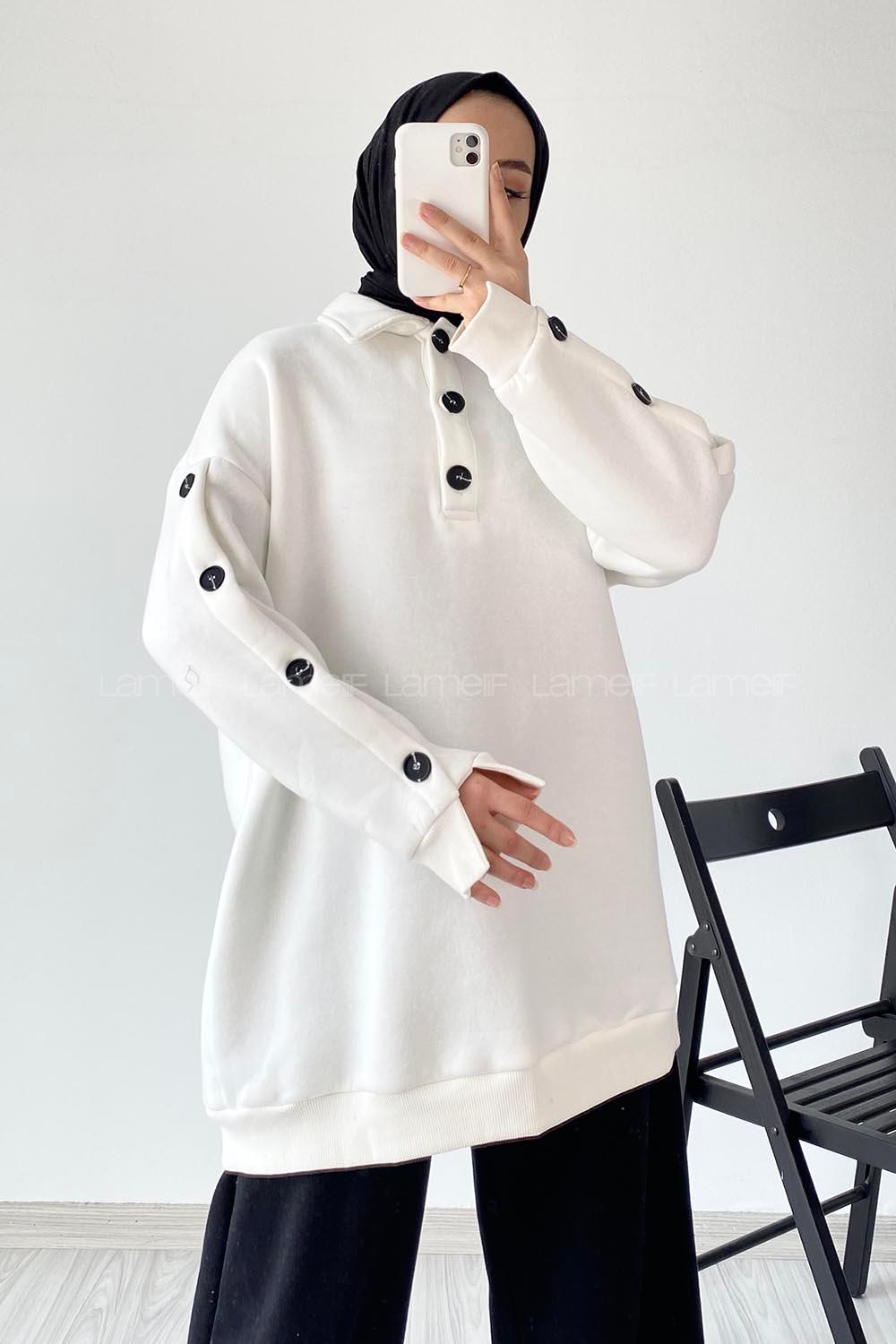 Modalamelif Önü Yarım Düğmeli Kol Düğme Detaylı Sweat Beyaz