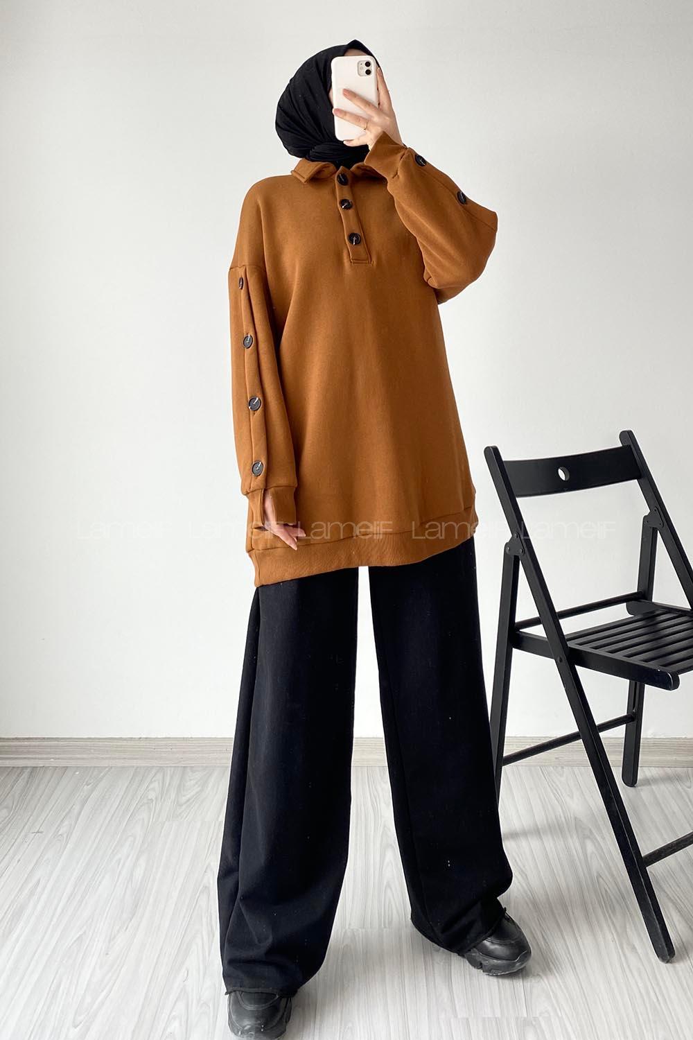 rım Düğmeli Kol Düğme Detaylı Sweat Kahverengi