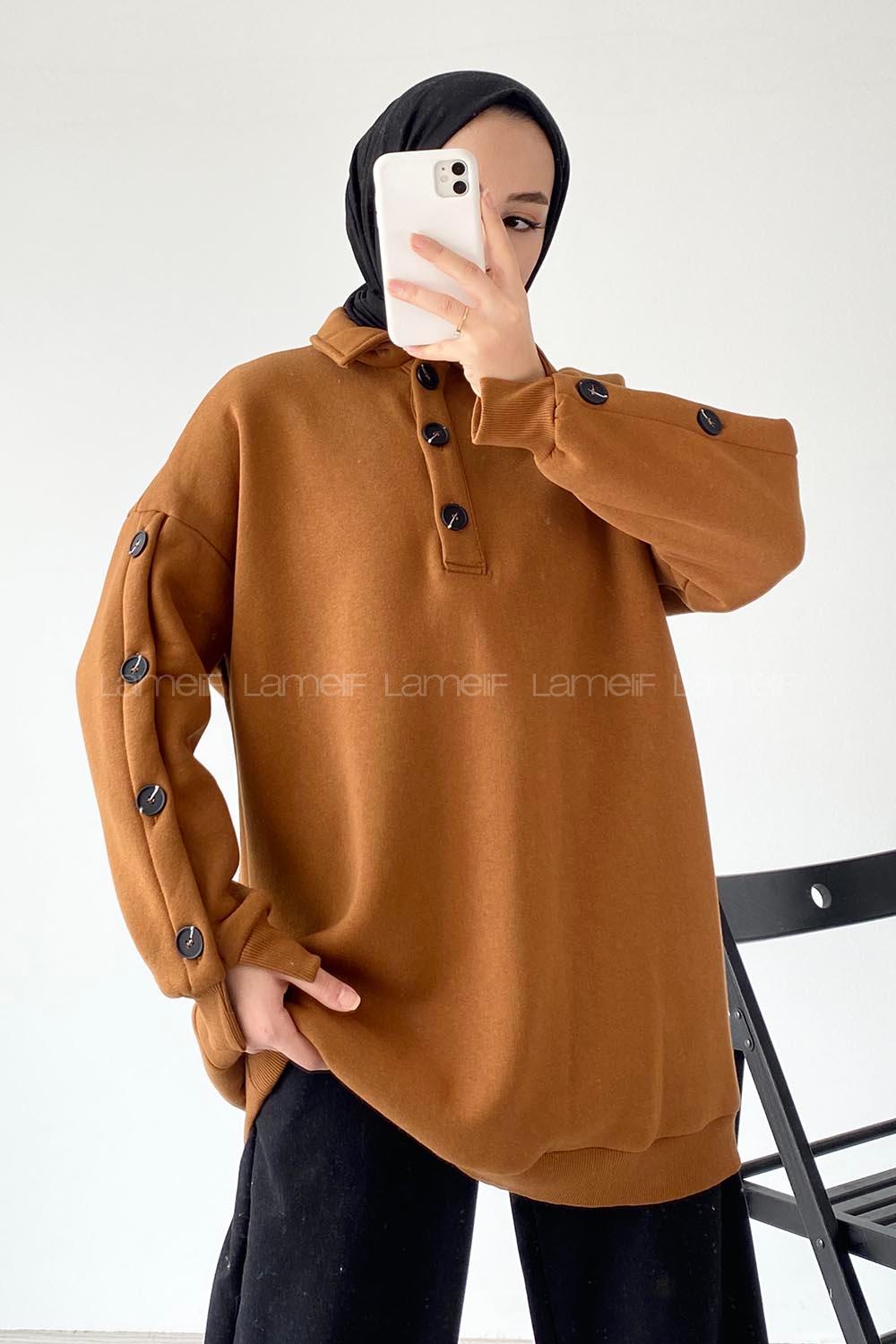 rım Düğmeli Kol Düğme Detaylı Sweat Kahverengi