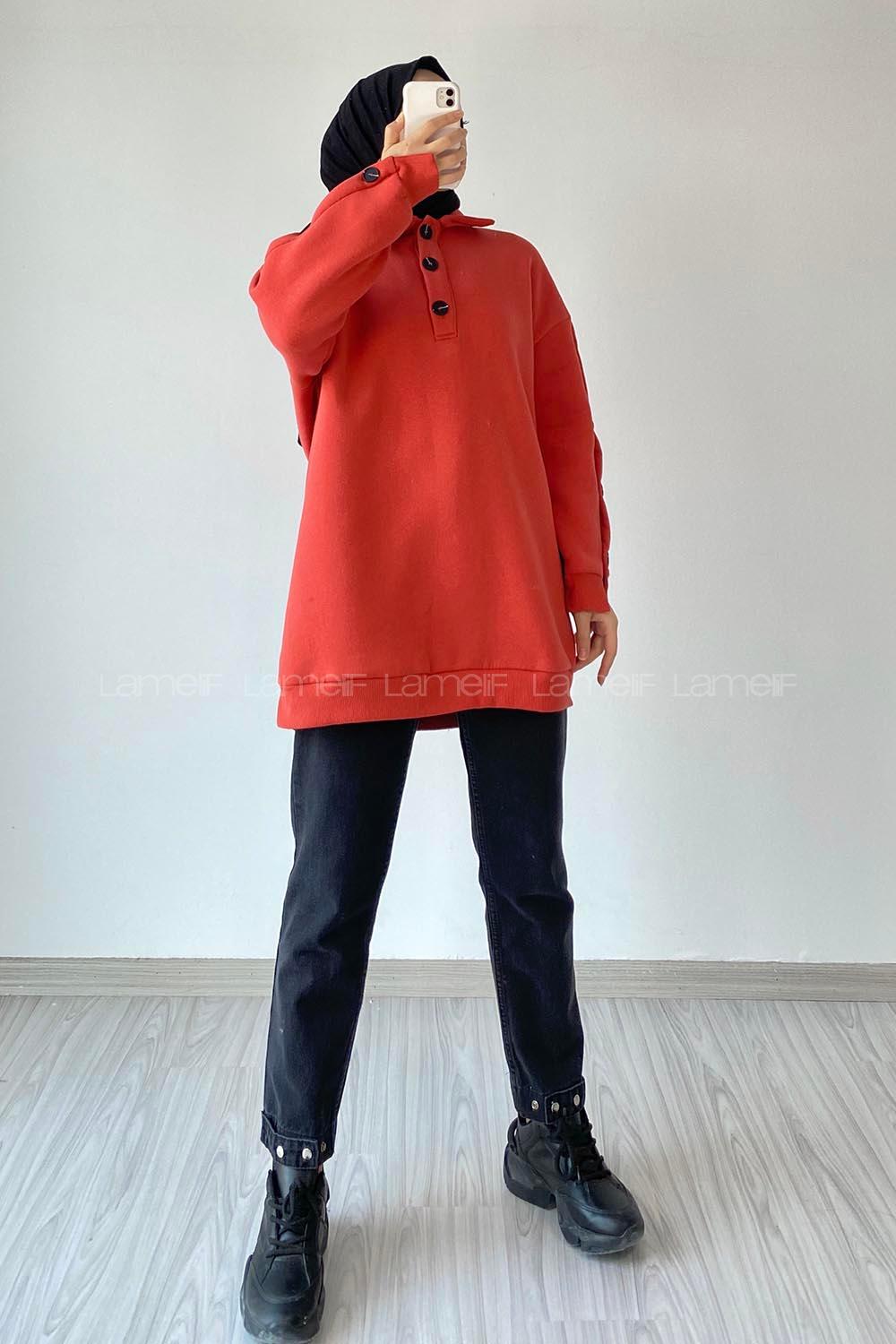 Modalamelif Önü Yarım Düğmeli Kol Düğme Detaylı Sweat Oranj