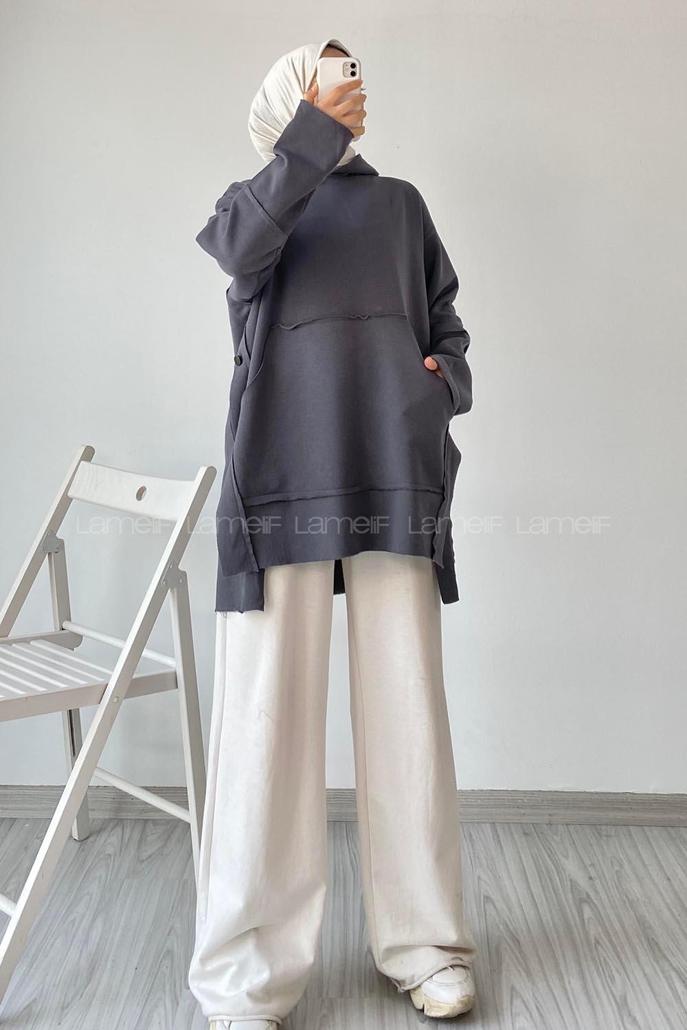 Modalamelif Yanı Düğme Detaylı Oversize Sweatshirt Füme
