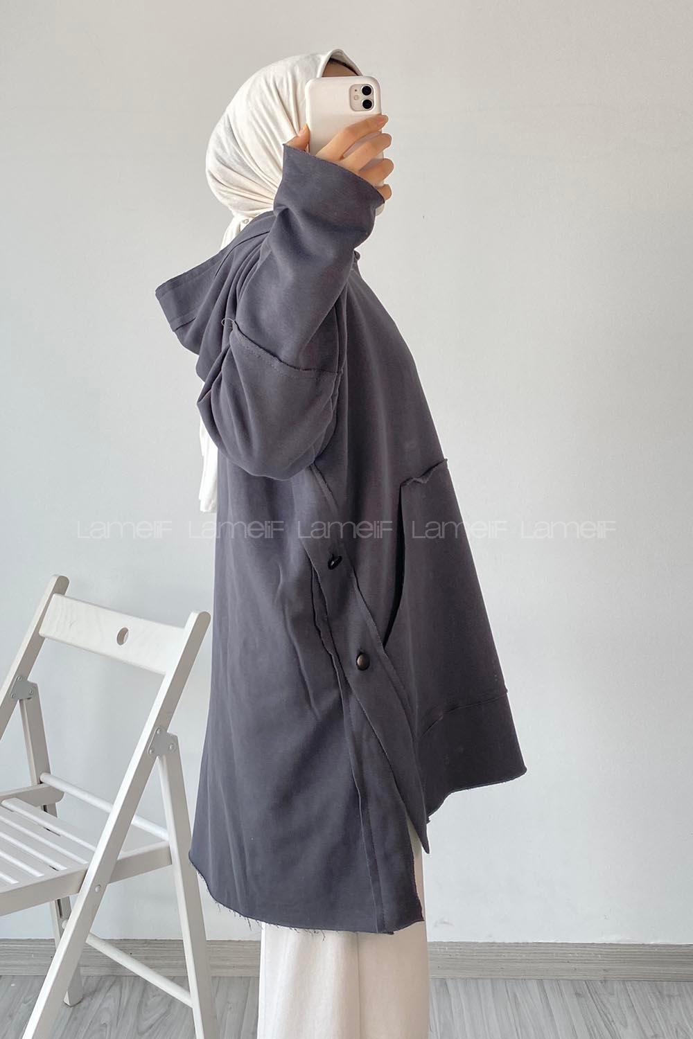 Modalamelif Yanı Düğme Detaylı Oversize Sweatshirt Füme