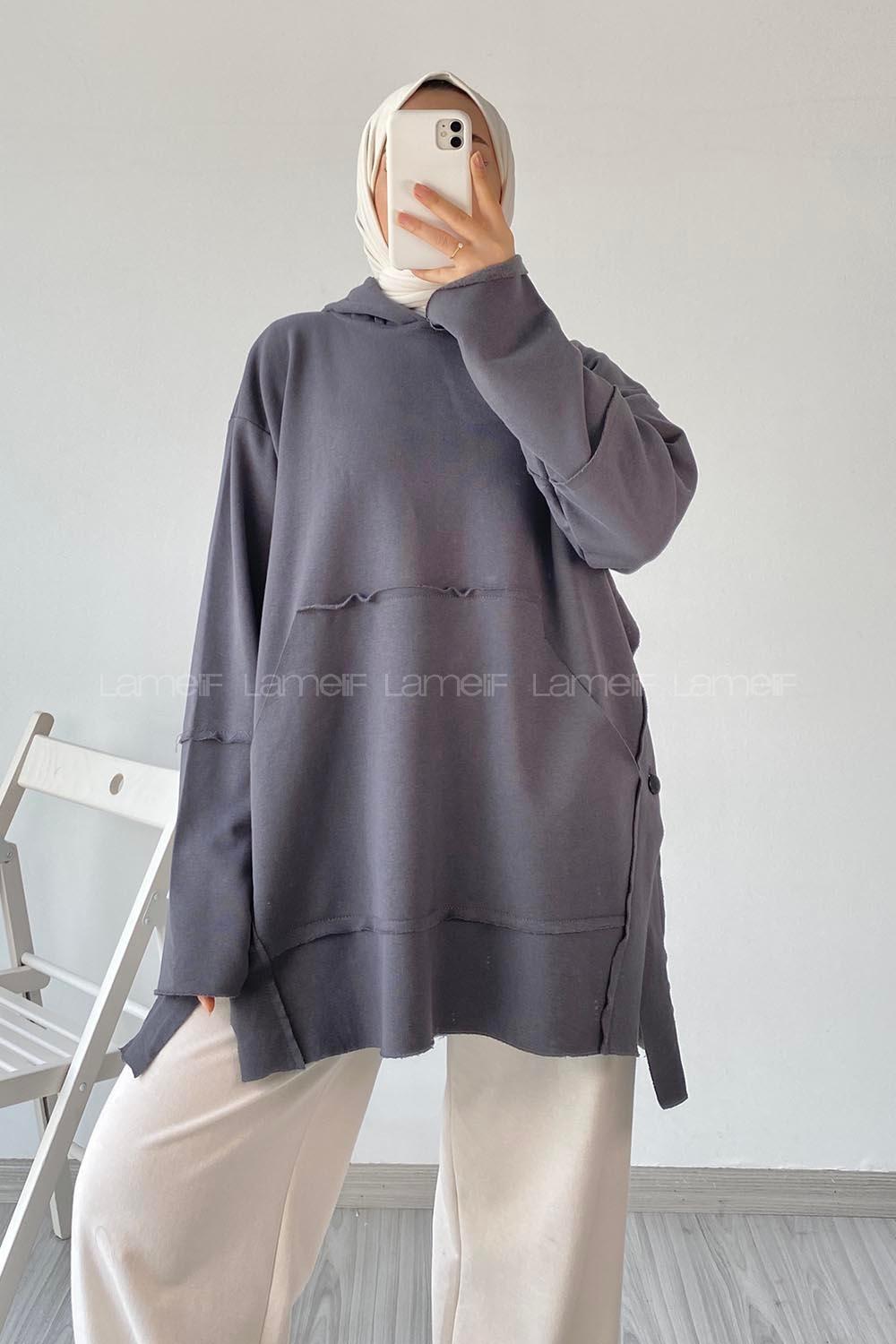 Modalamelif Yanı Düğme Detaylı Oversize Sweatshirt Füme