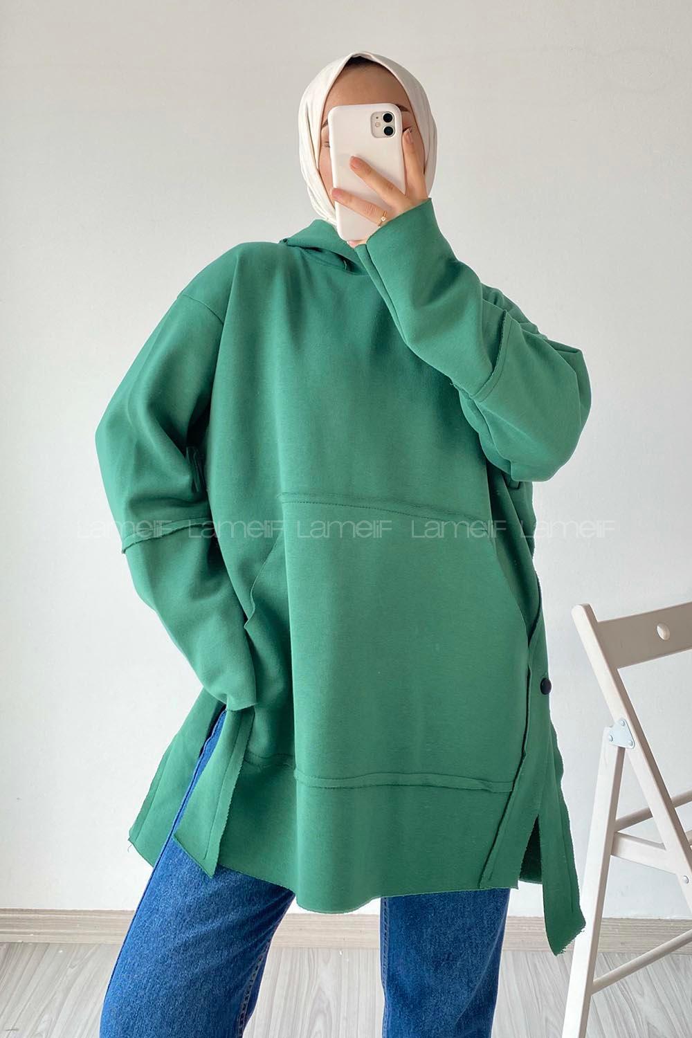 Modalamelif Yanı Düğme Detaylı Oversize Sweatshirt Haki