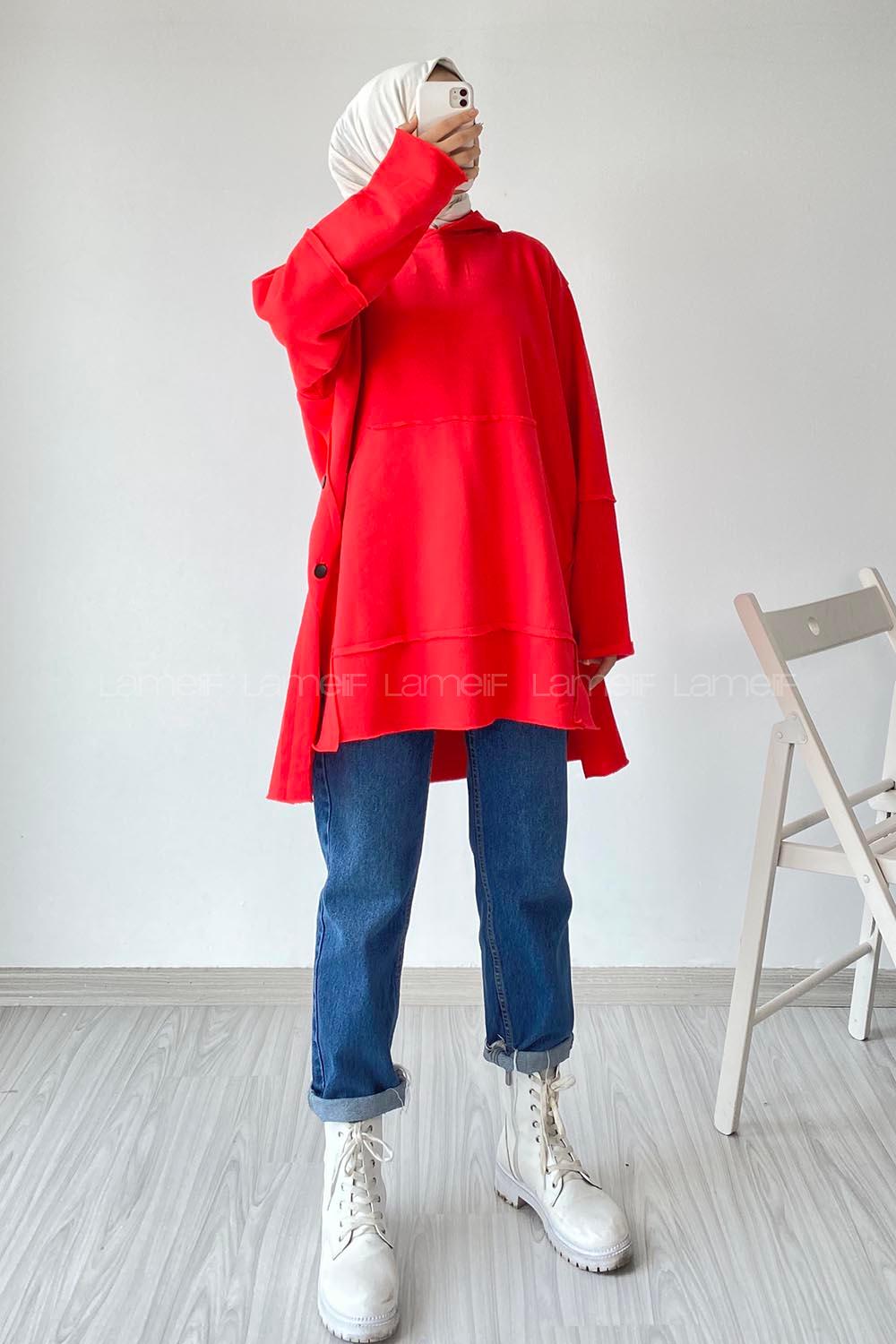 Modalamelif Yanı Düğme Detaylı Oversize Sweatshirt Nar Çiçeği