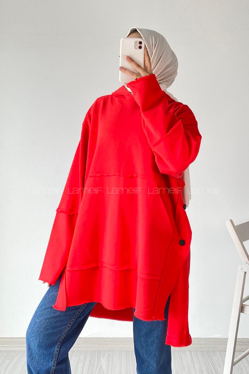 Modalamelif Yanı Düğme Detaylı Oversize Sweatshirt Nar Çiçeği