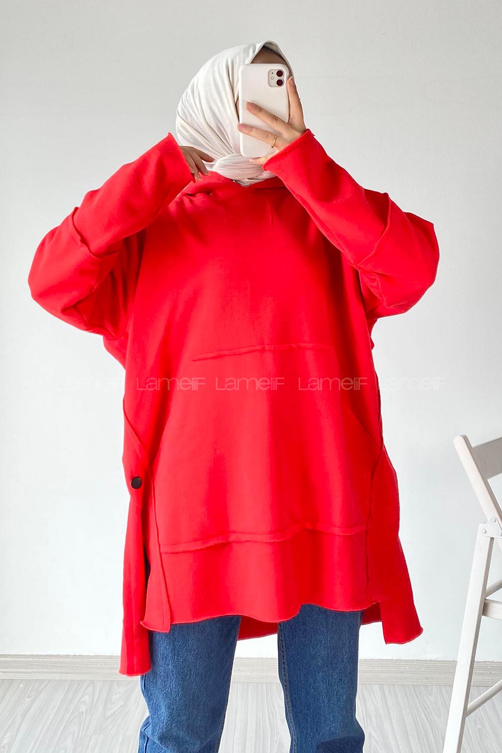 Modalamelif Yanı Düğme Detaylı Oversize Sweatshirt Nar Çiçeği