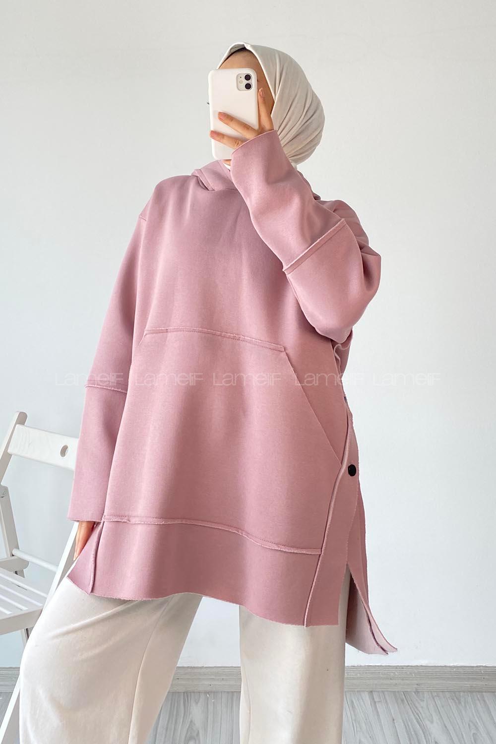 Modalamelif Yanı Düğme Detaylı Oversize Sweatshirt Pudra