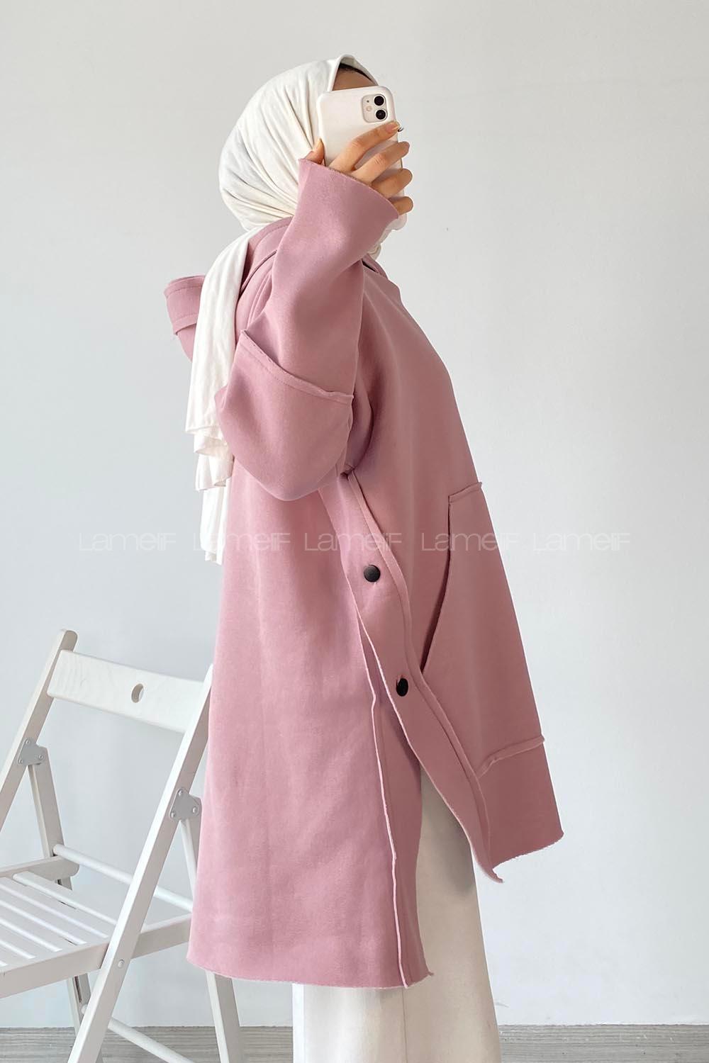 Modalamelif Yanı Düğme Detaylı Oversize Sweatshirt Pudra