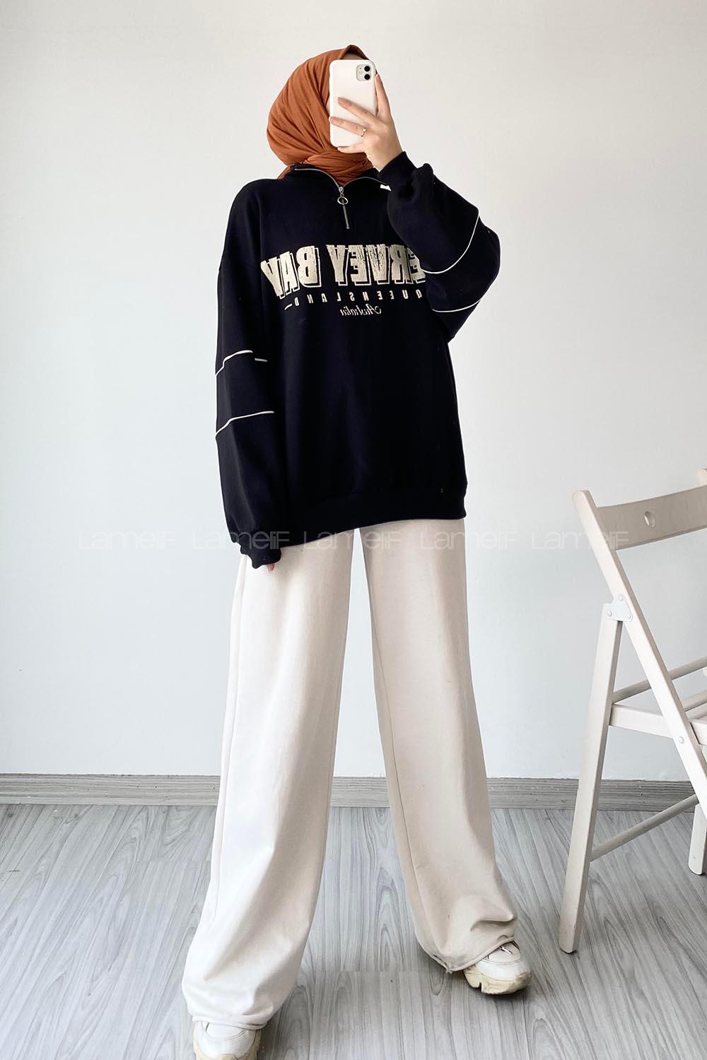 Modalamelif  Yarım Fermuar Yaka Detaylı Yazı Basklı Sweat Siyah