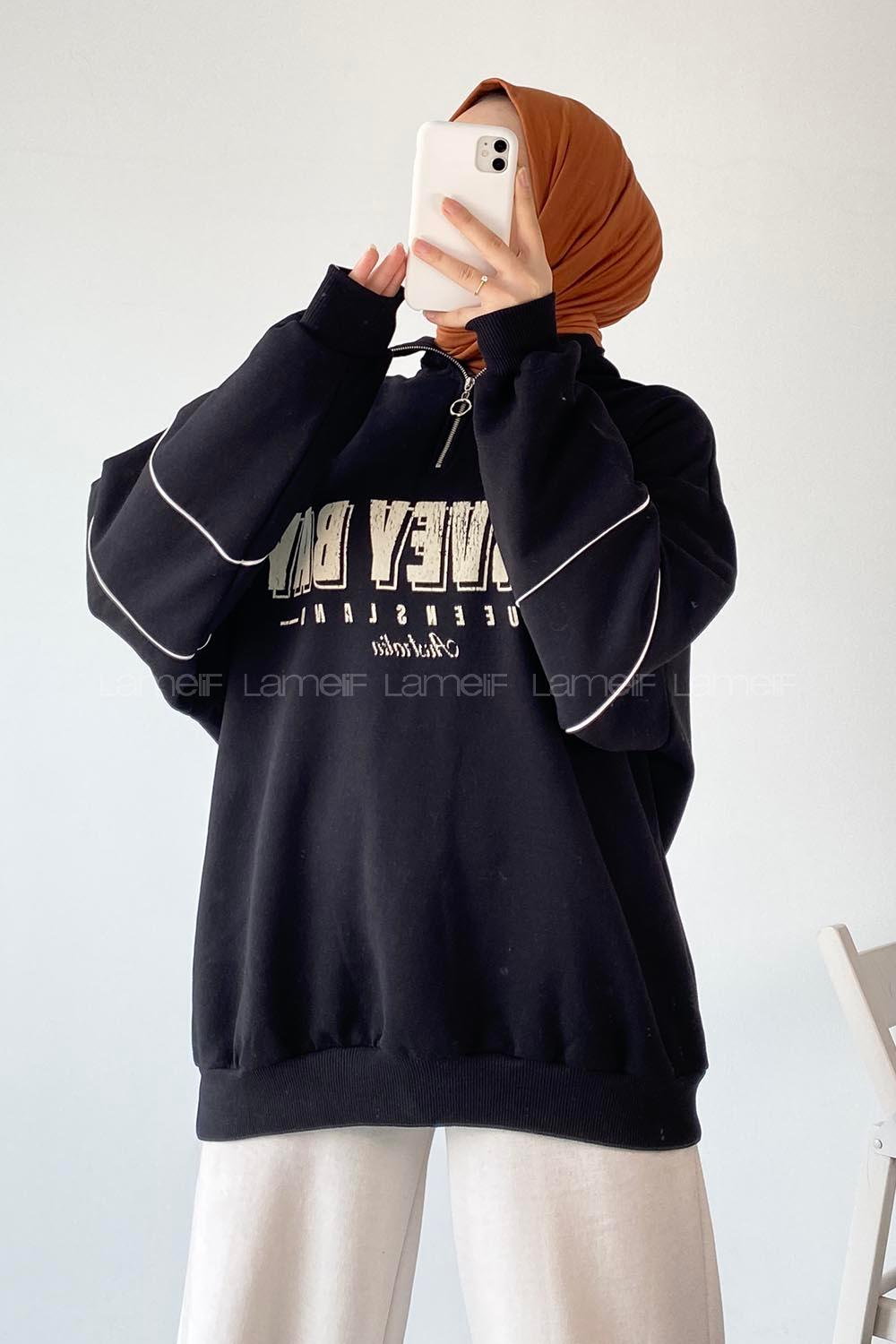 Modalamelif  Yarım Fermuar Yaka Detaylı Yazı Basklı Sweat Siyah