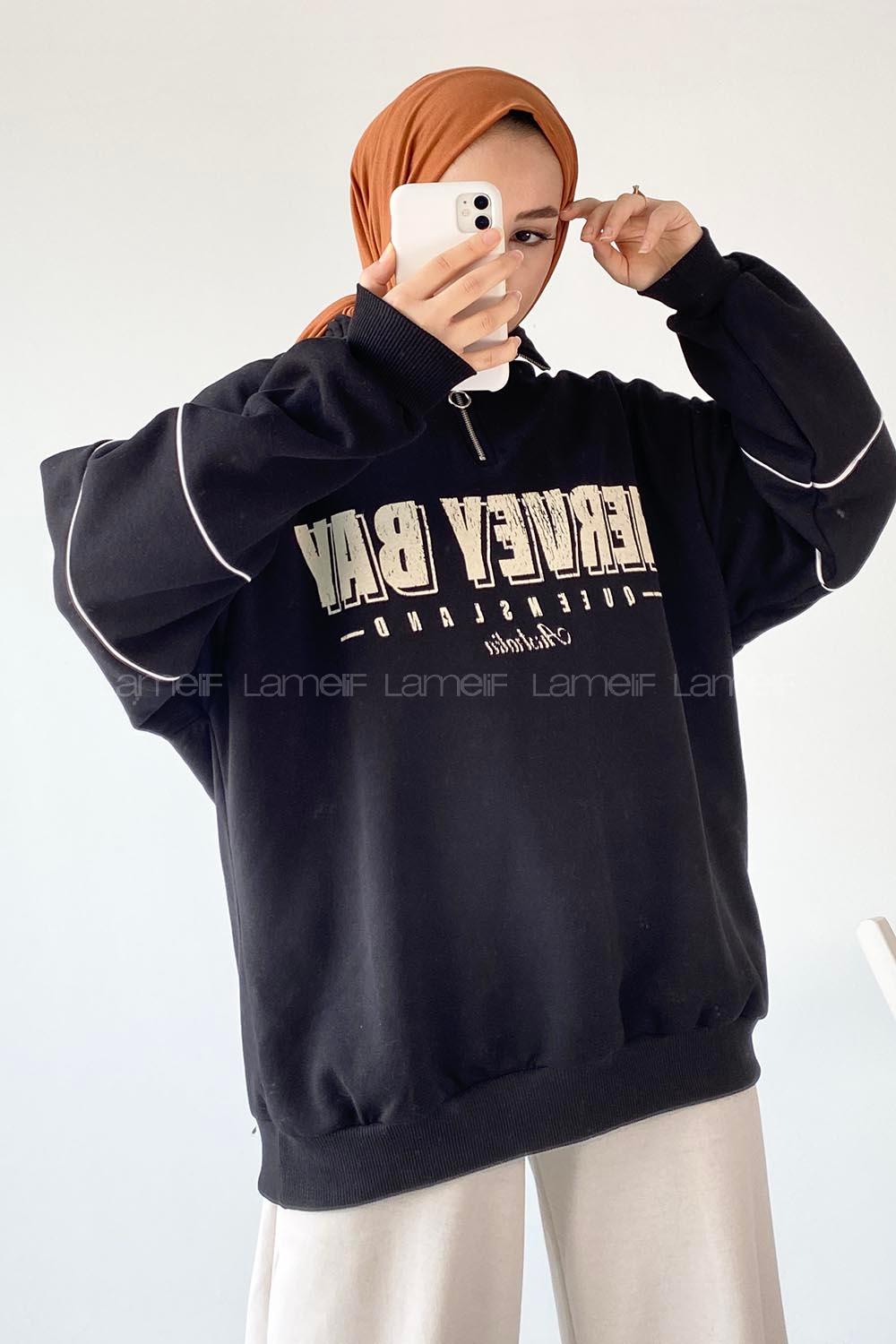 Modalamelif  Yarım Fermuar Yaka Detaylı Yazı Basklı Sweat Siyah
