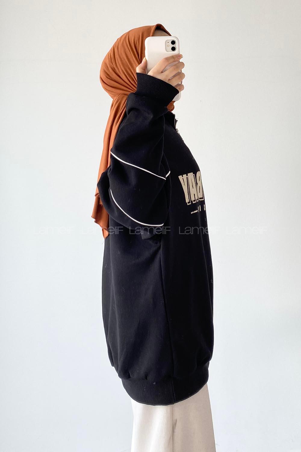 Modalamelif  Yarım Fermuar Yaka Detaylı Yazı Basklı Sweat Siyah