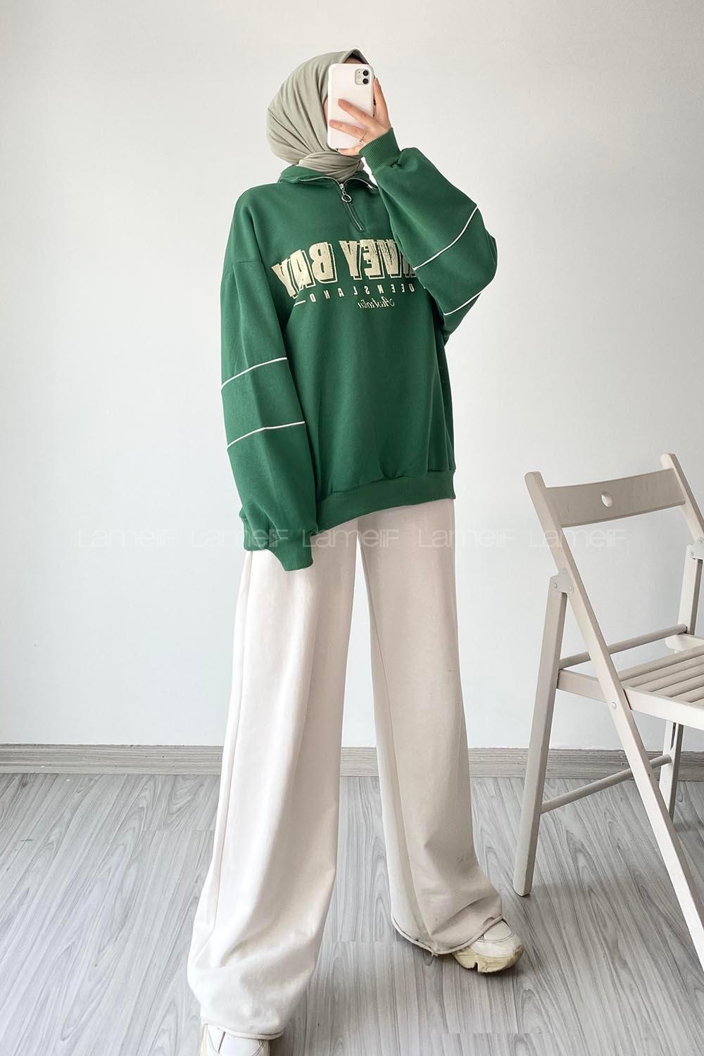 Modalamelif  Yarım Fermuar Yaka Detaylı Yazı Basklı Sweat Yeşil