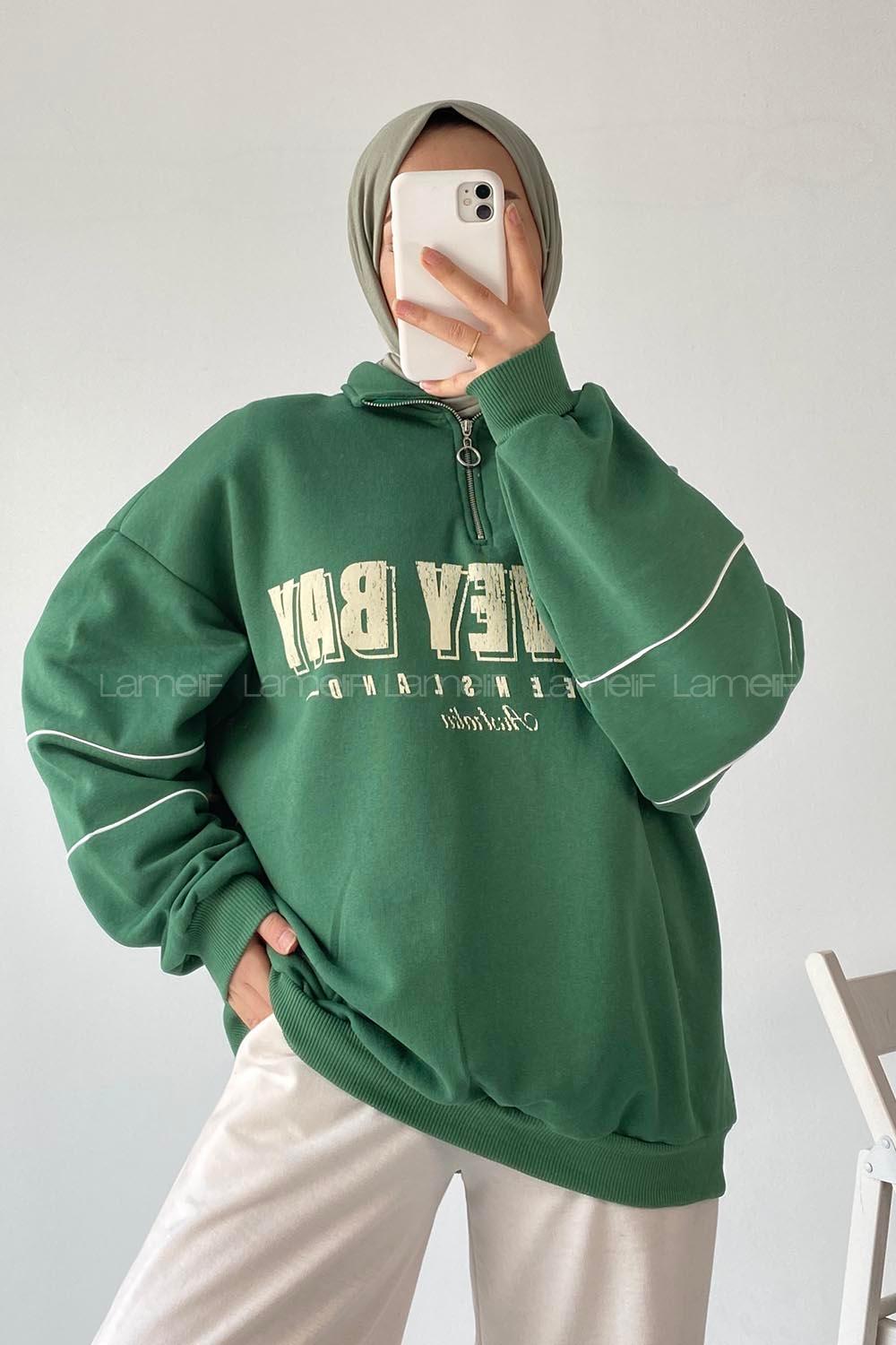 Modalamelif  Yarım Fermuar Yaka Detaylı Yazı Basklı Sweat Yeşil