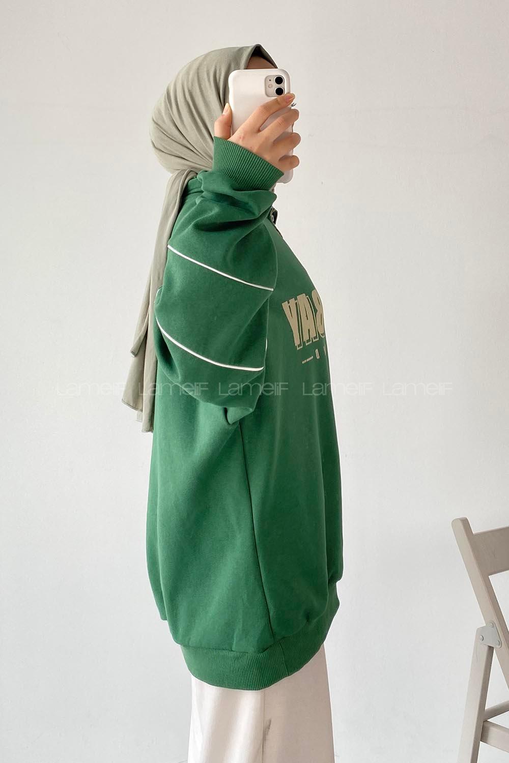 Modalamelif  Yarım Fermuar Yaka Detaylı Yazı Basklı Sweat Yeşil