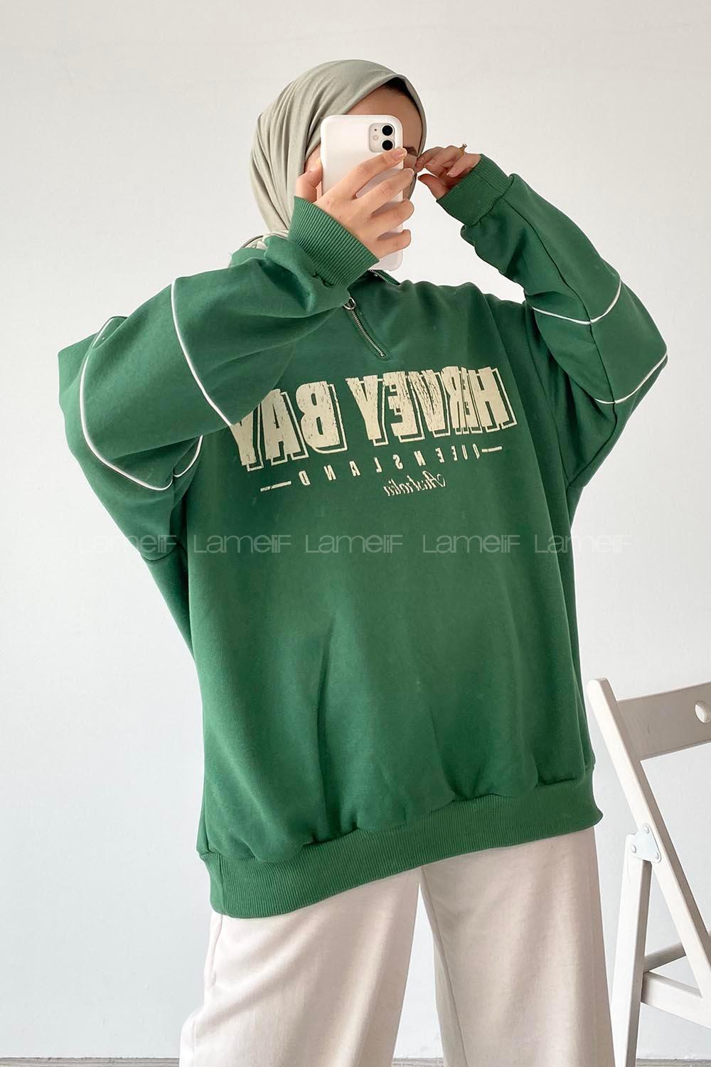 Modalamelif  Yarım Fermuar Yaka Detaylı Yazı Basklı Sweat Yeşil