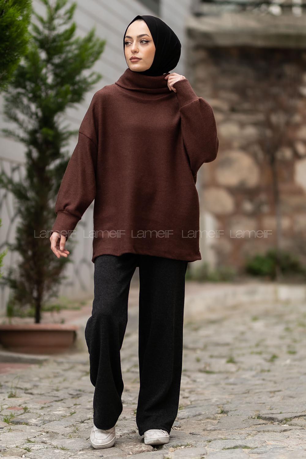 Modalamelif Balıkçı Yaka Yumoş Kazak Acı Kahve